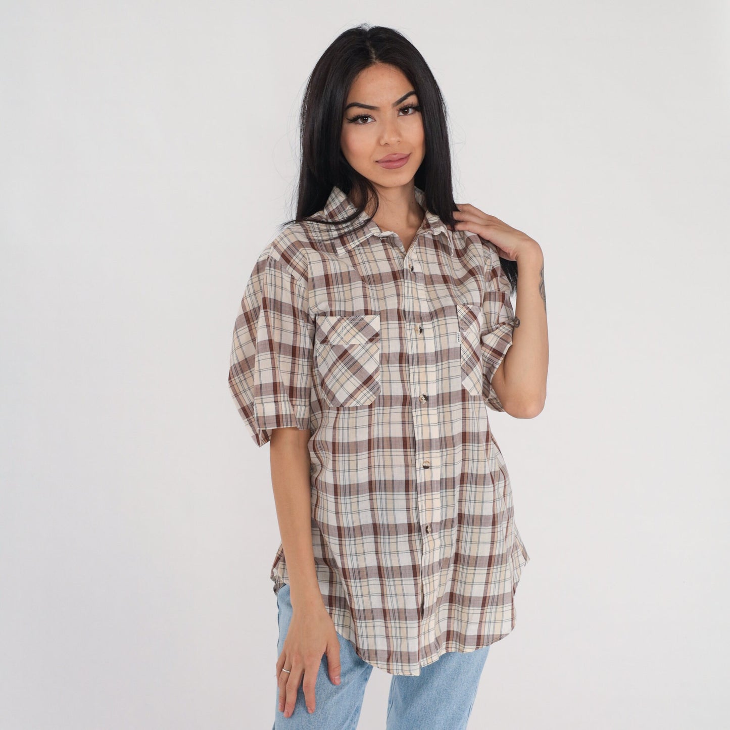 90s Levi's Plaid Button-Up Shirt Brown White Checkered Short Sleeve Men's Large