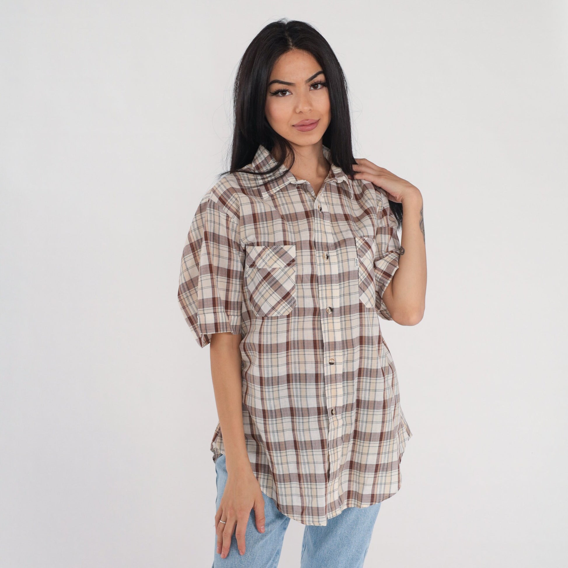 90s Levi's Plaid Button-Up Shirt Brown White Checkered Short Sleeve Men's Large