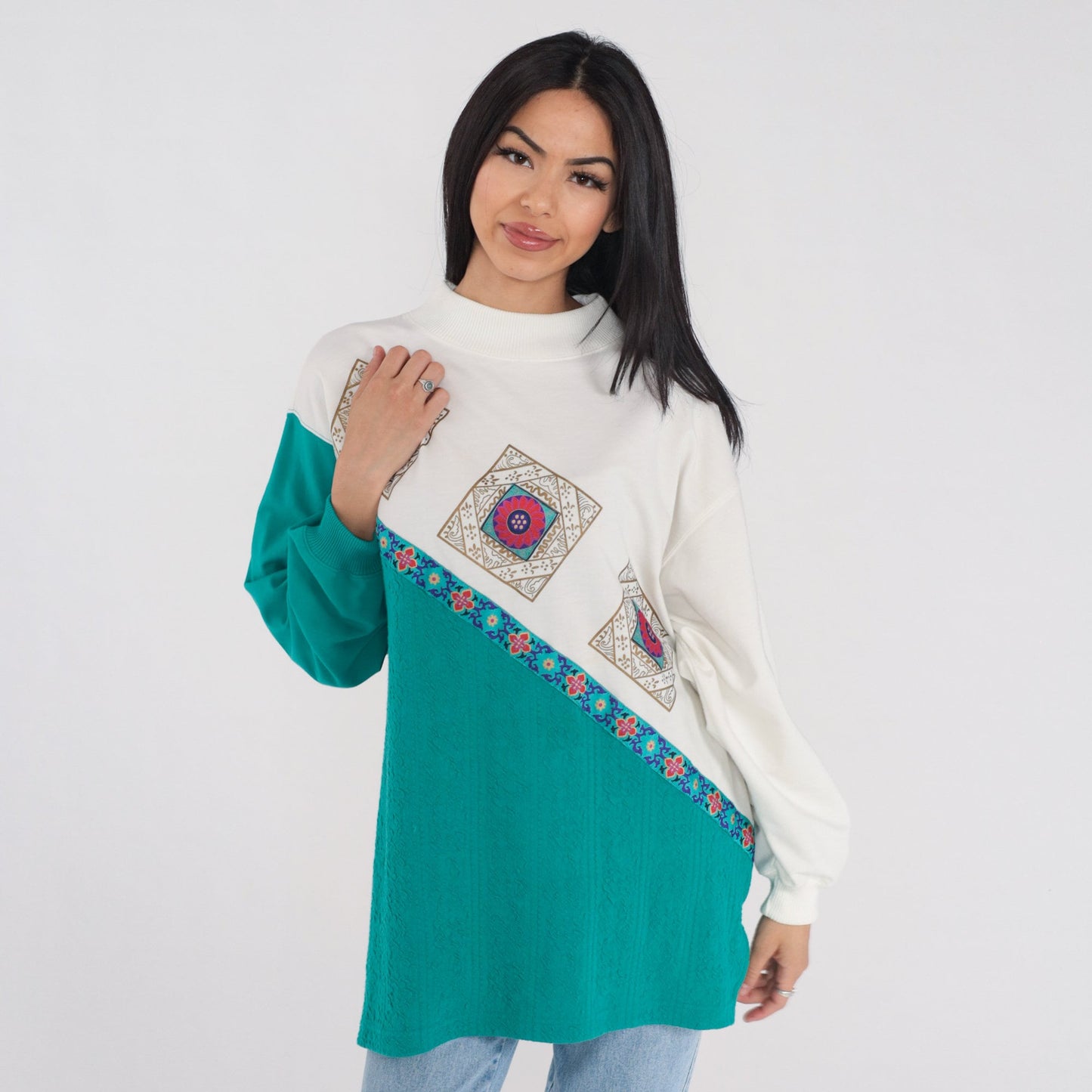 90s Floral Tile Print Color Block Long Sleeve Tee White Green Extra Large 1X