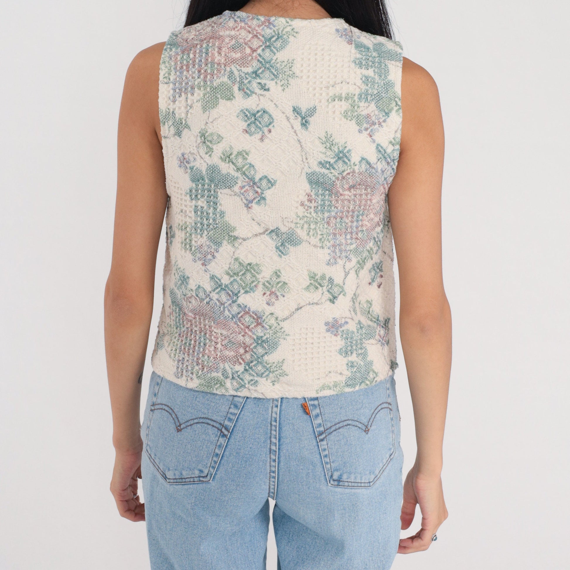 90s Floral Tapestry Button-Up Vest Cream Woven Sleeveless Small