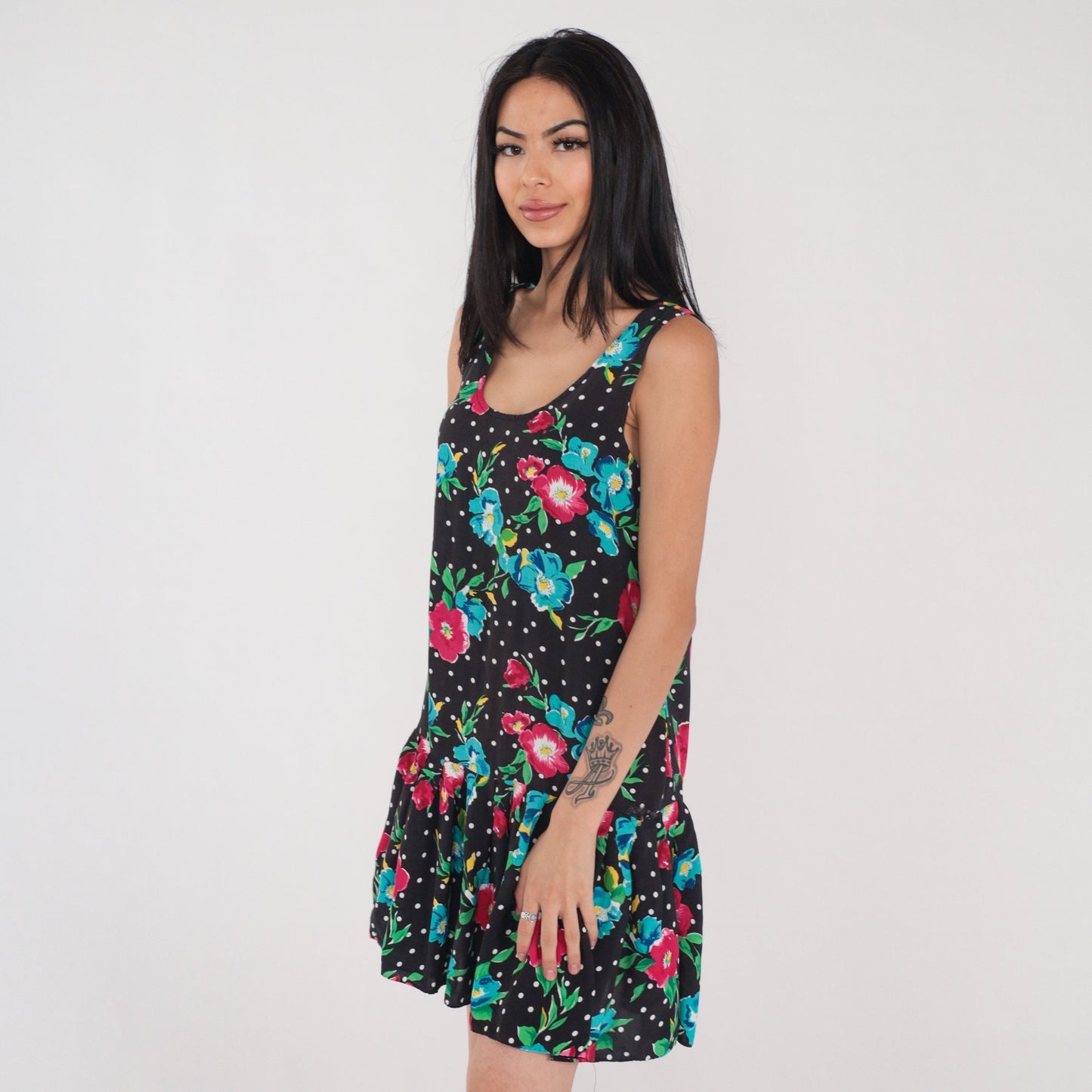 90s Black Floral Polka Dot Mini Dress Drop Waist Ruffle Sleeveless Small