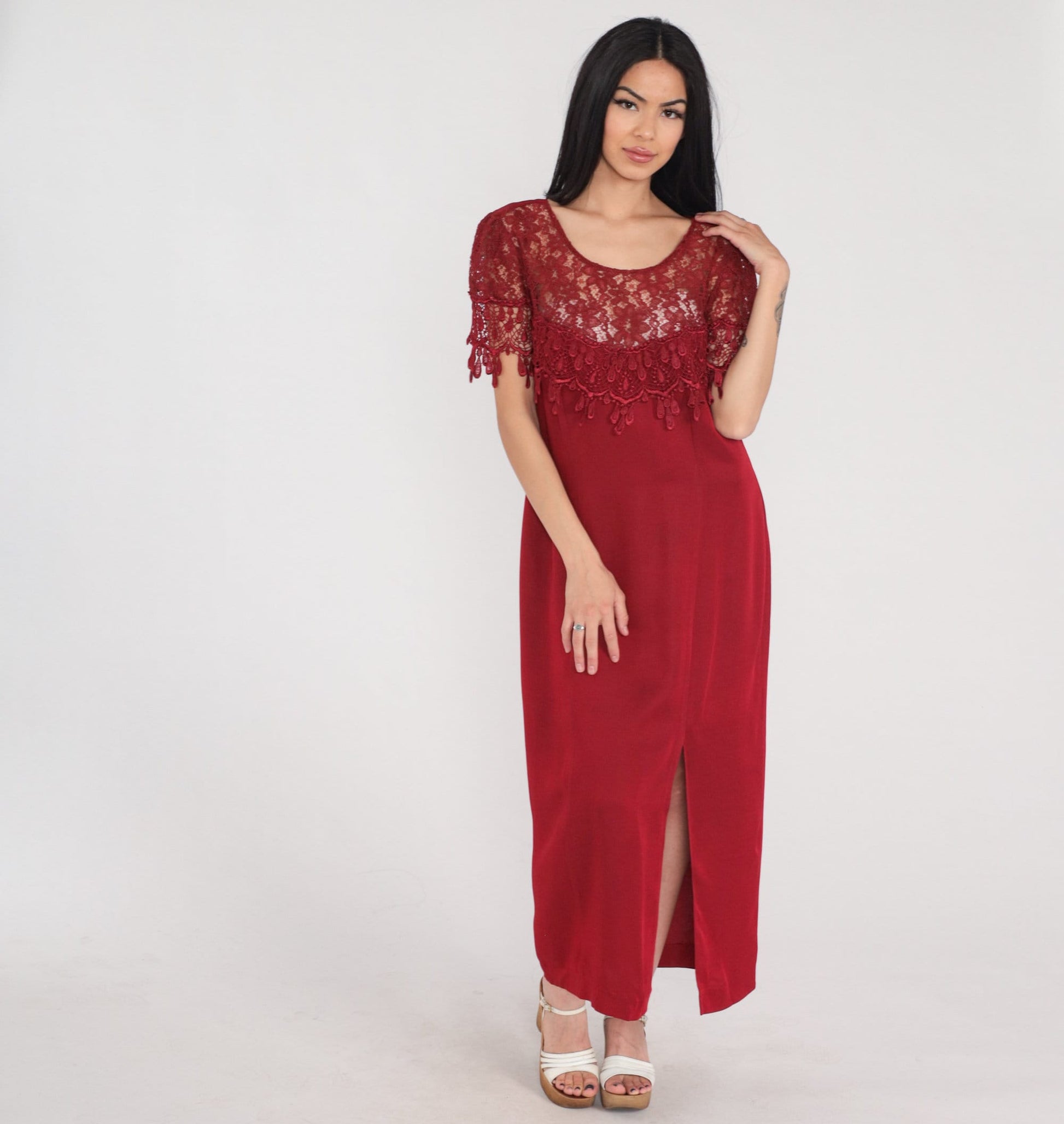 90s Red Lace Illusion Midi Dress Front Slit Short Sleeve Medium