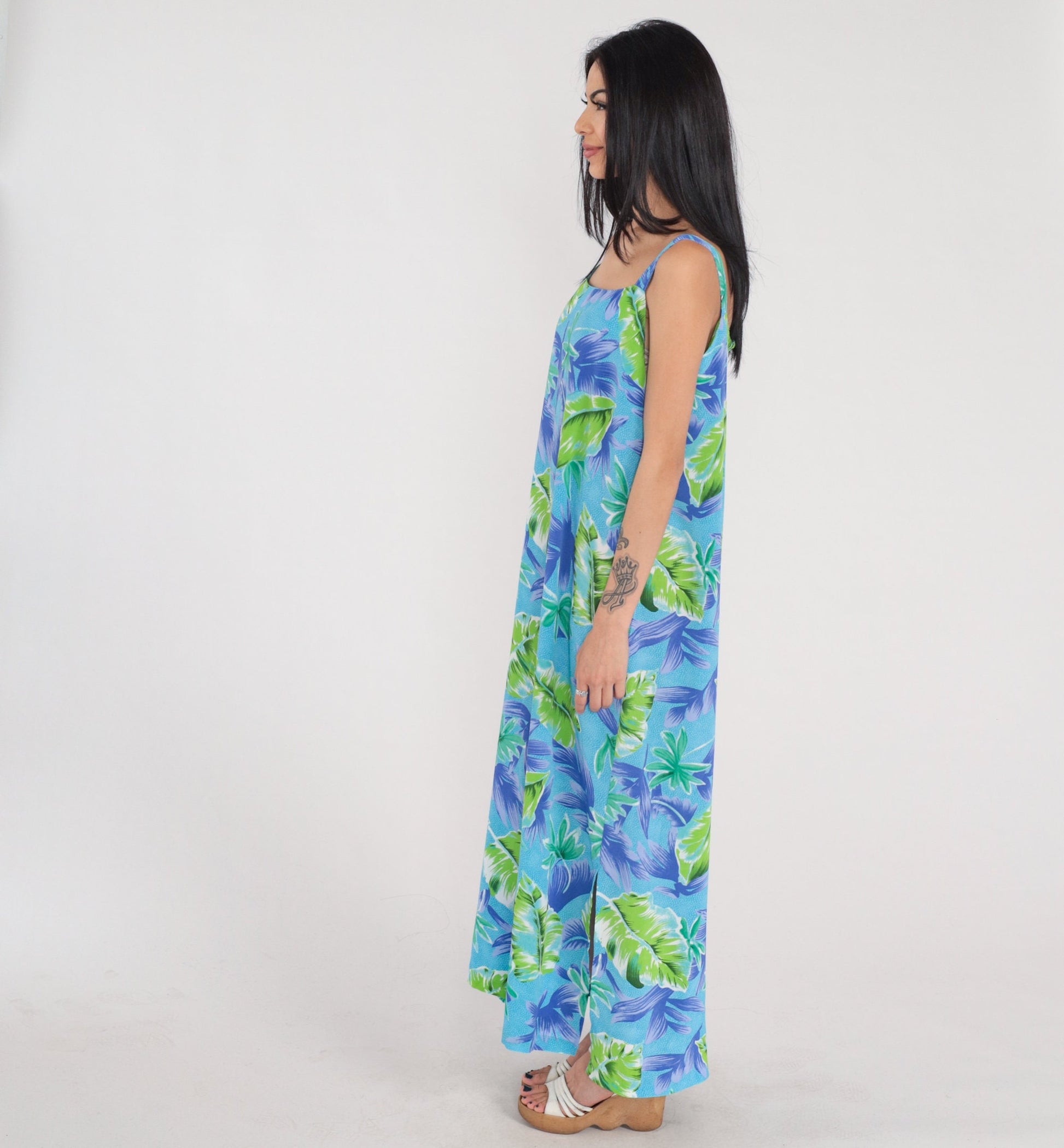 90s Hawaiian Maxi Dress Tropical Leaf Print Blue Green Purple Sleeveless XXL