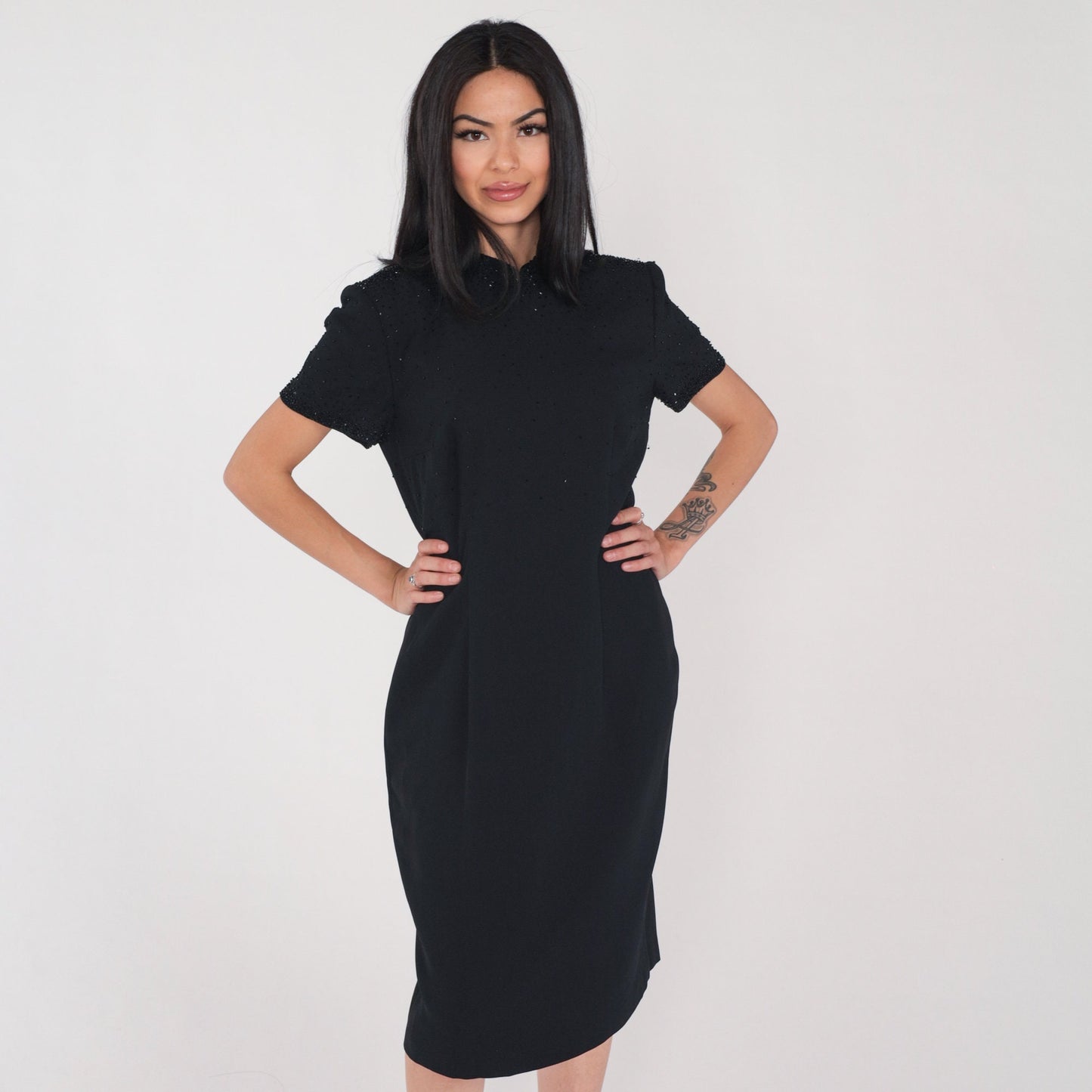 90s Black Beaded Sheath Dress High Neck Short Sleeve Knee Length Medium 8