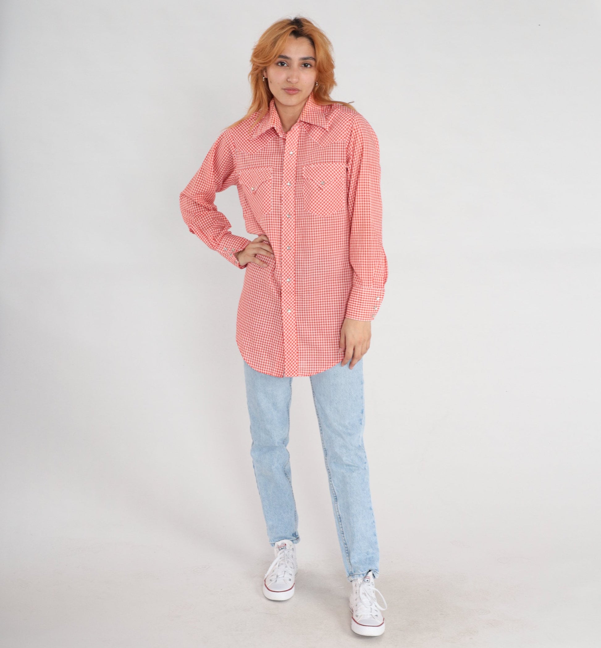 70s Lee Red Gingham Pearl Snap Western Shirt Plaid Cotton Blend Small
