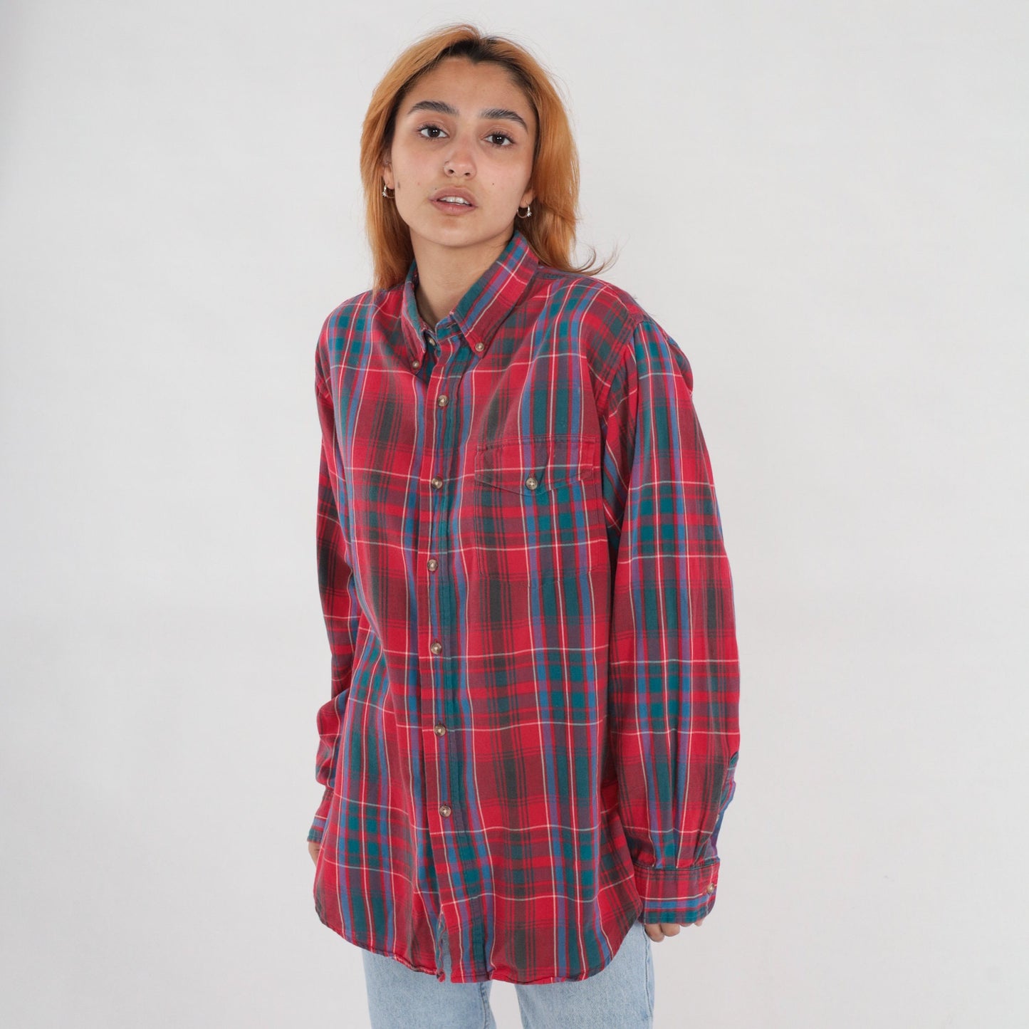 90s Woolrich Plaid Button-Up Shirt Red Blue Green Long Sleeve Extra Large XL