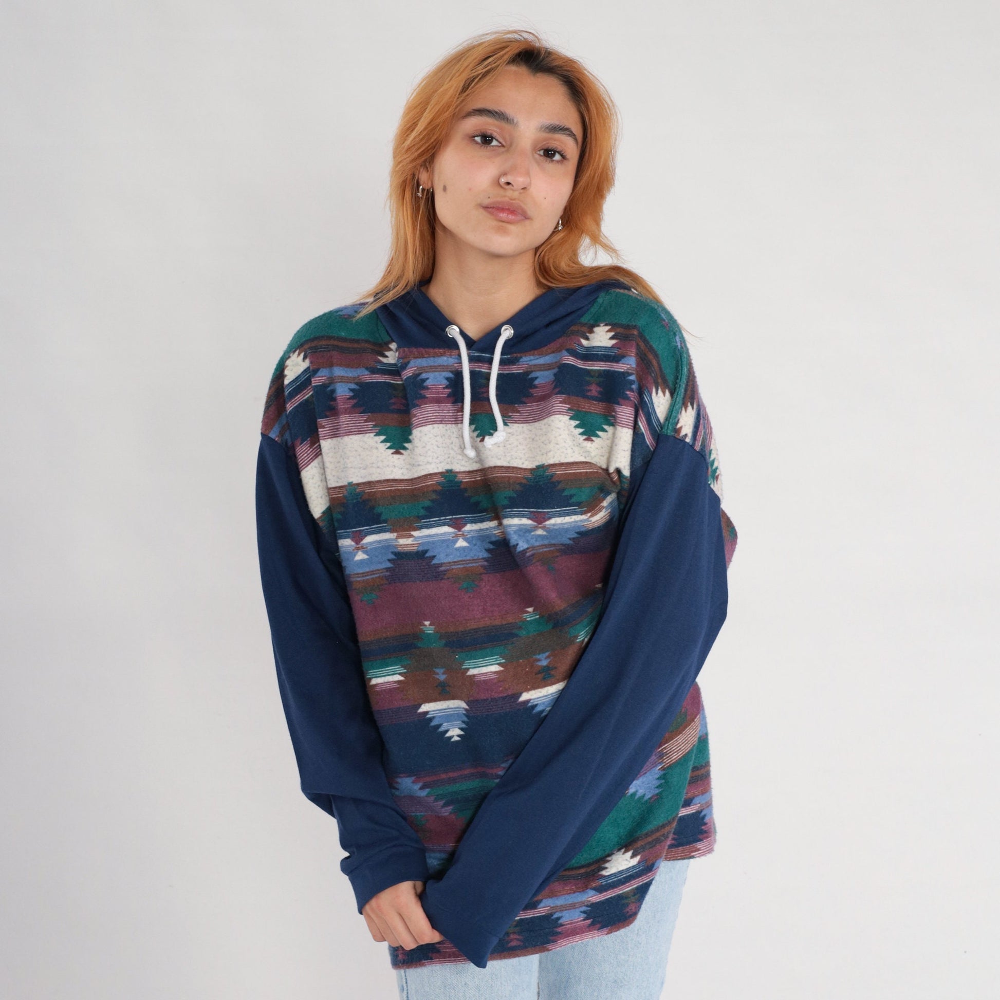 90s Southwestern Aztec Hooded Fleece Tee Dark Blue Cotton Large