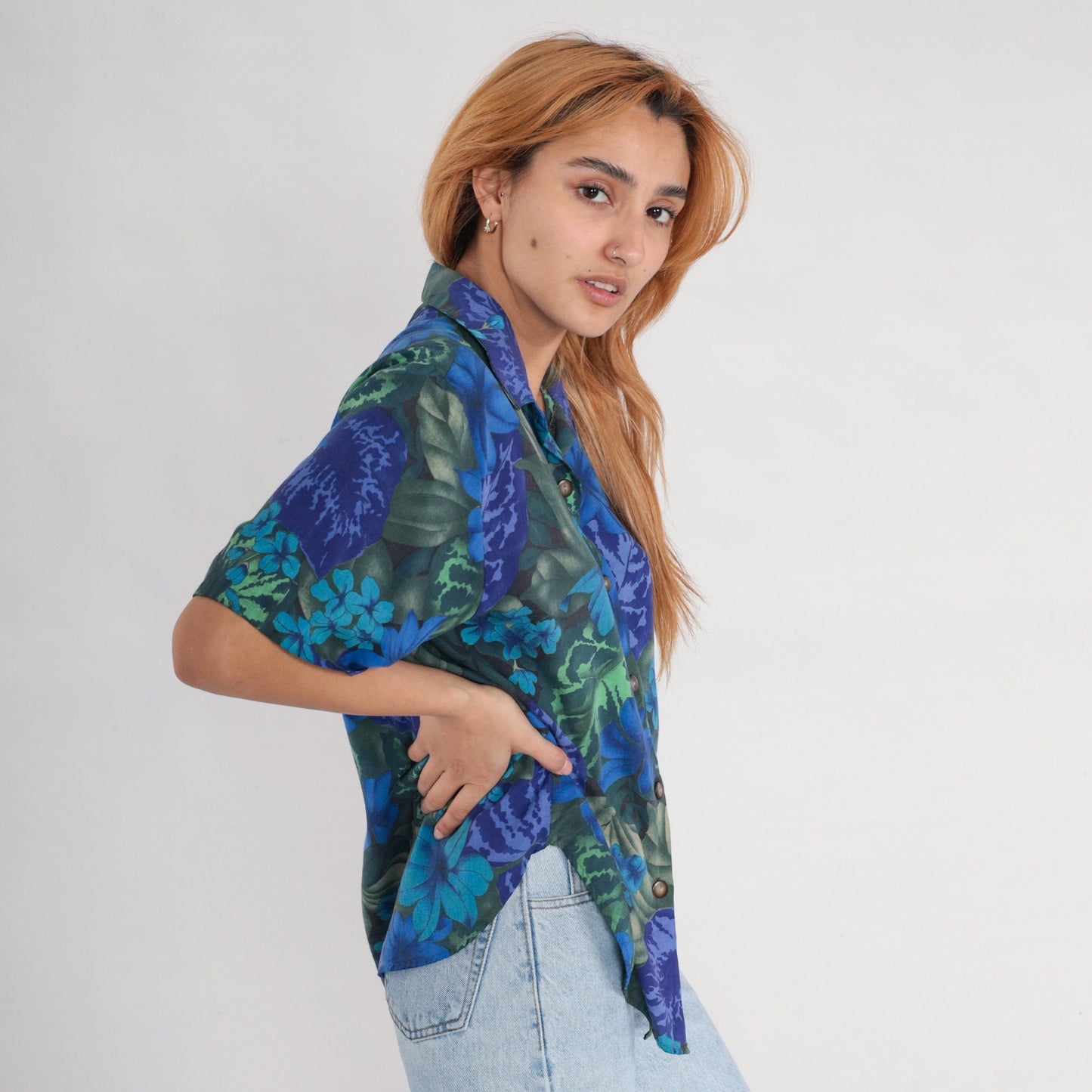 80s Tropical Floral Button-Up Shirt Blue Short Sleeve Blouse Large L