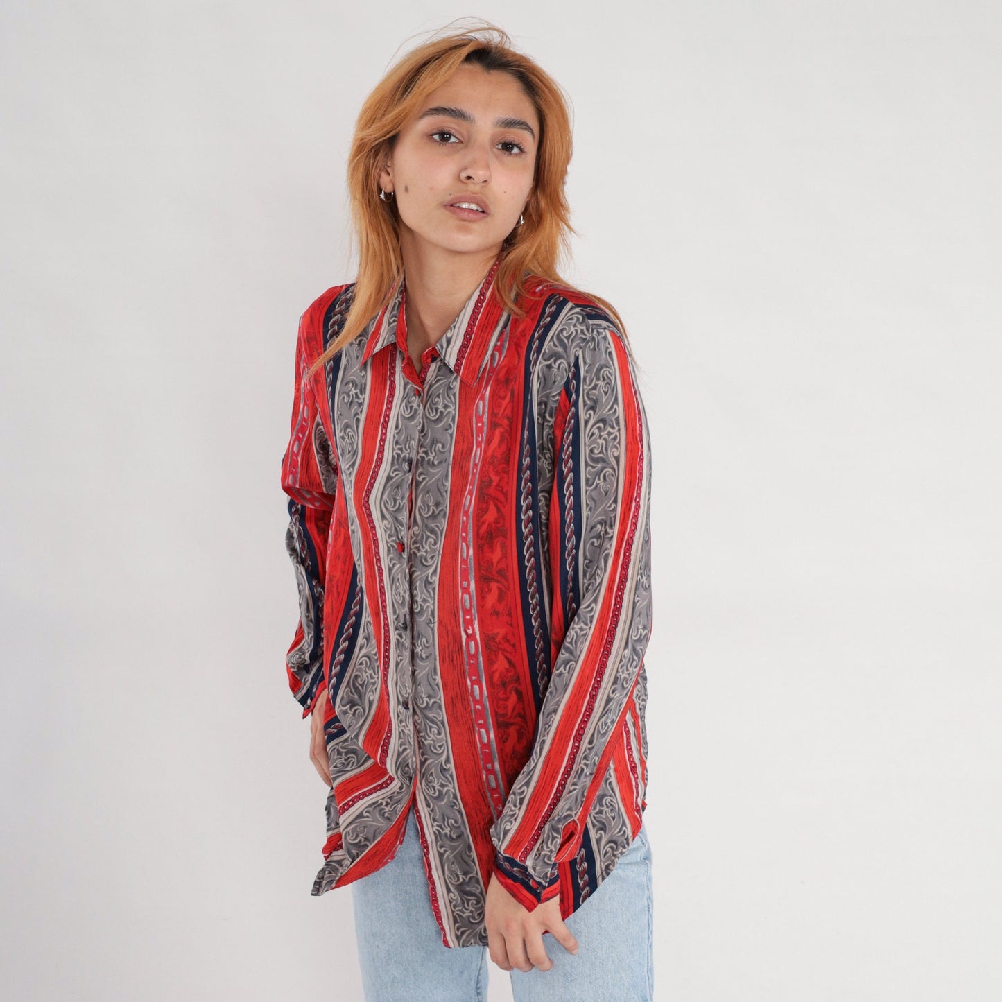 90s Silk Baroque Striped Button-Up Blouse Chain Print Red Grey Medium