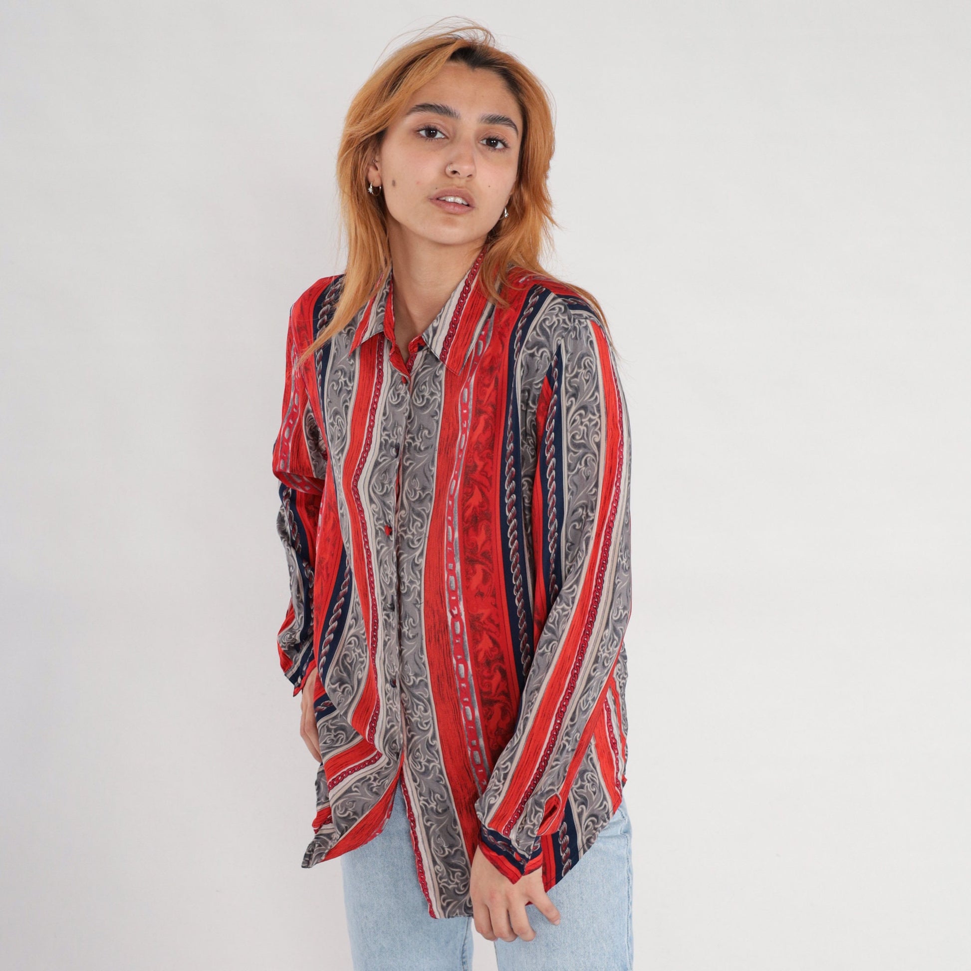 90s Silk Baroque Striped Button-Up Blouse Chain Print Red Grey Medium