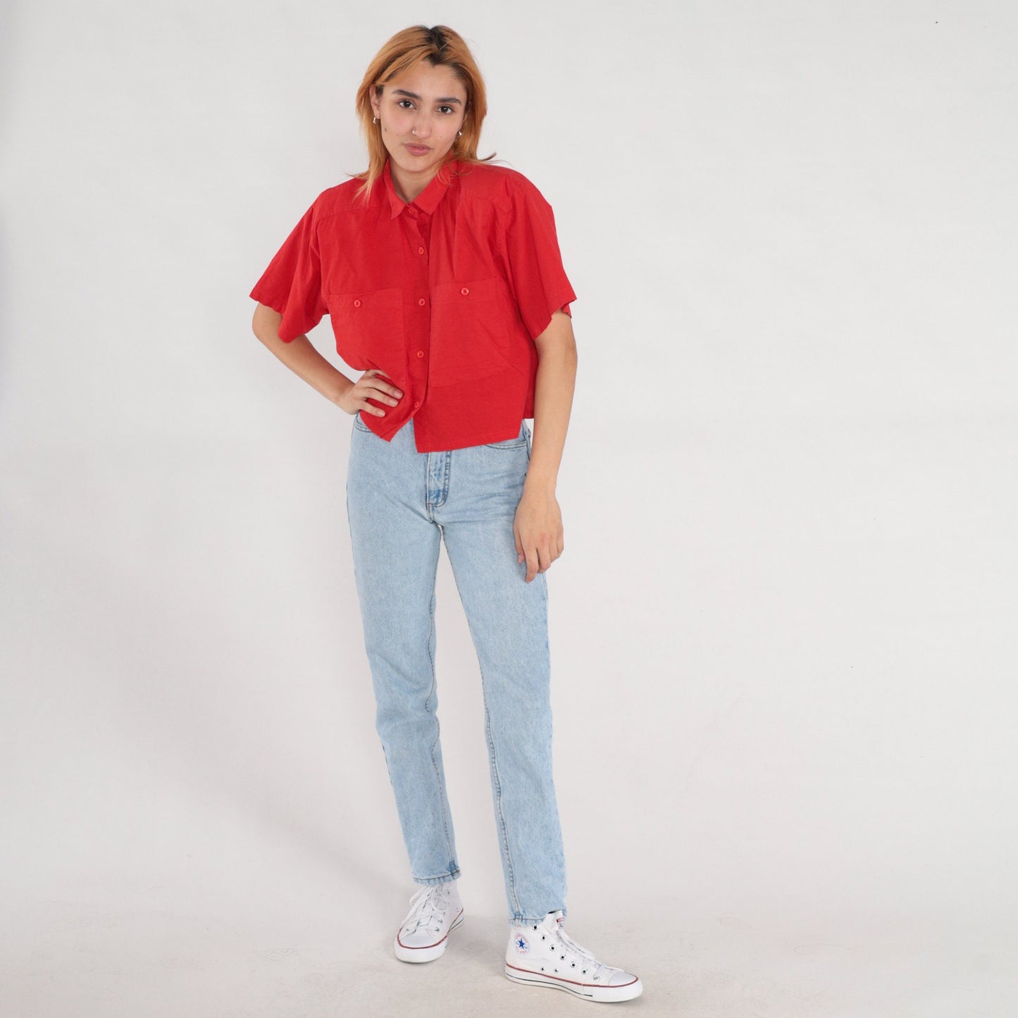 80s Red Button-Up Blouse Short Sleeve Chest Pocket Cotton Blend Medium