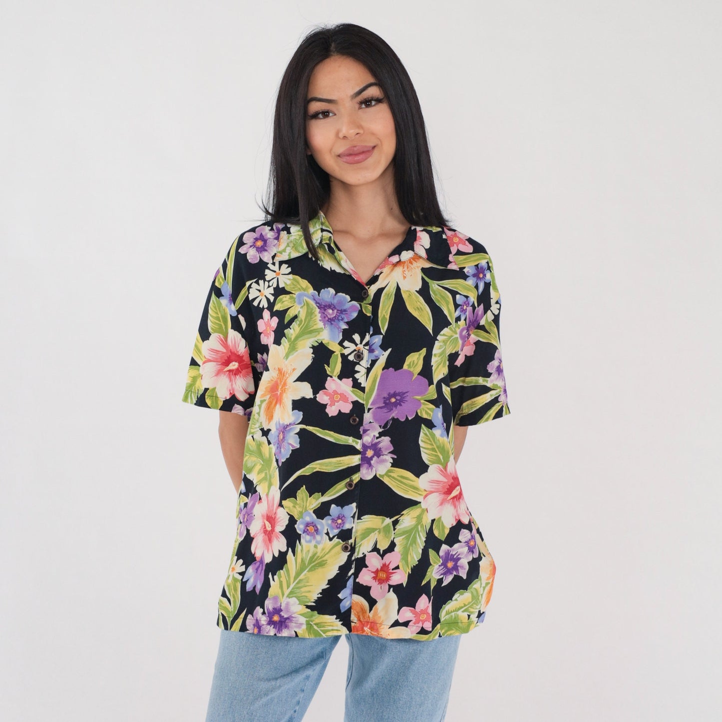 90s Tropical Floral Black Button Up Blouse Short Sleeve Rayon Shirt Extra Large XL