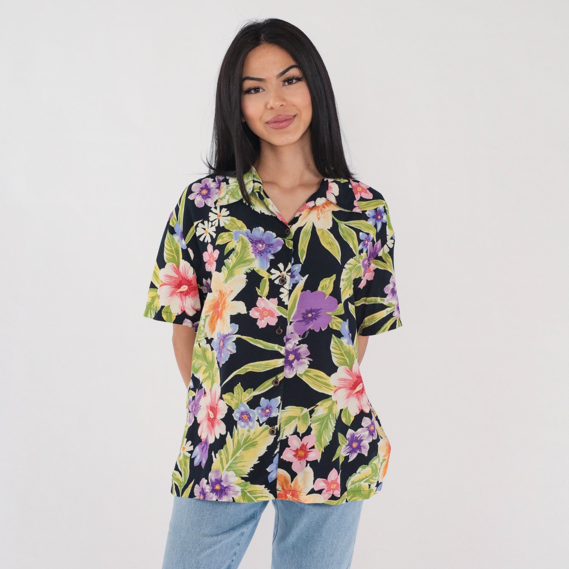 90s Tropical Floral Black Button Up Blouse Short Sleeve Rayon Shirt Extra Large XL