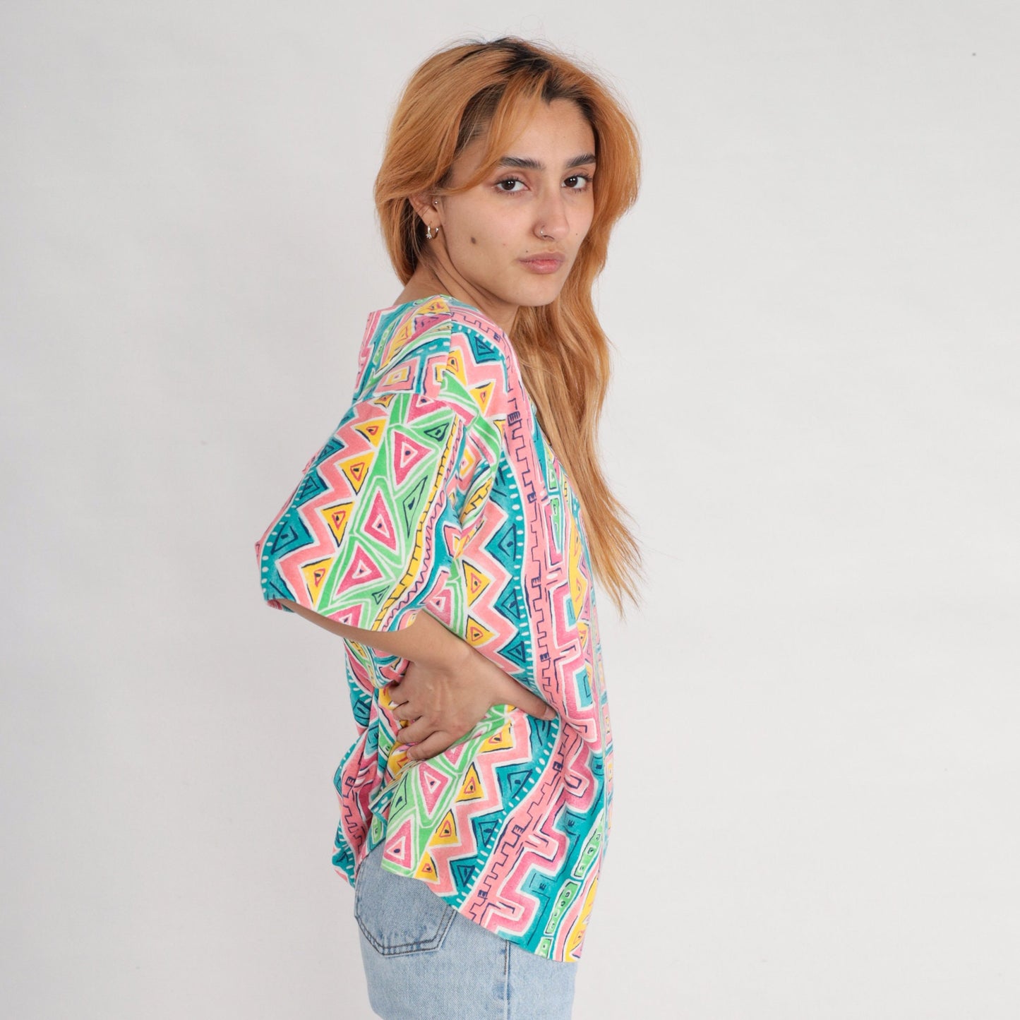 90s Geometric Striped T-Shirt Green Blue Pink Surfer Print Extra Extra Large XXL