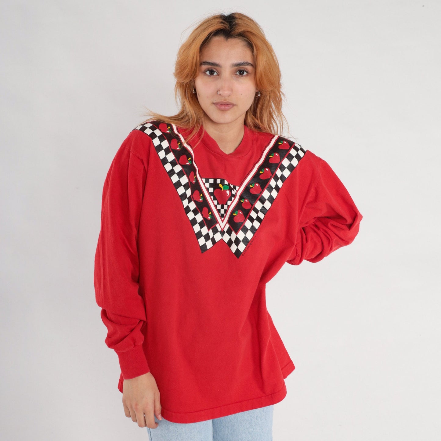 90s Apple Checkered Print Long Sleeve T-Shirt Red Extra Large XL