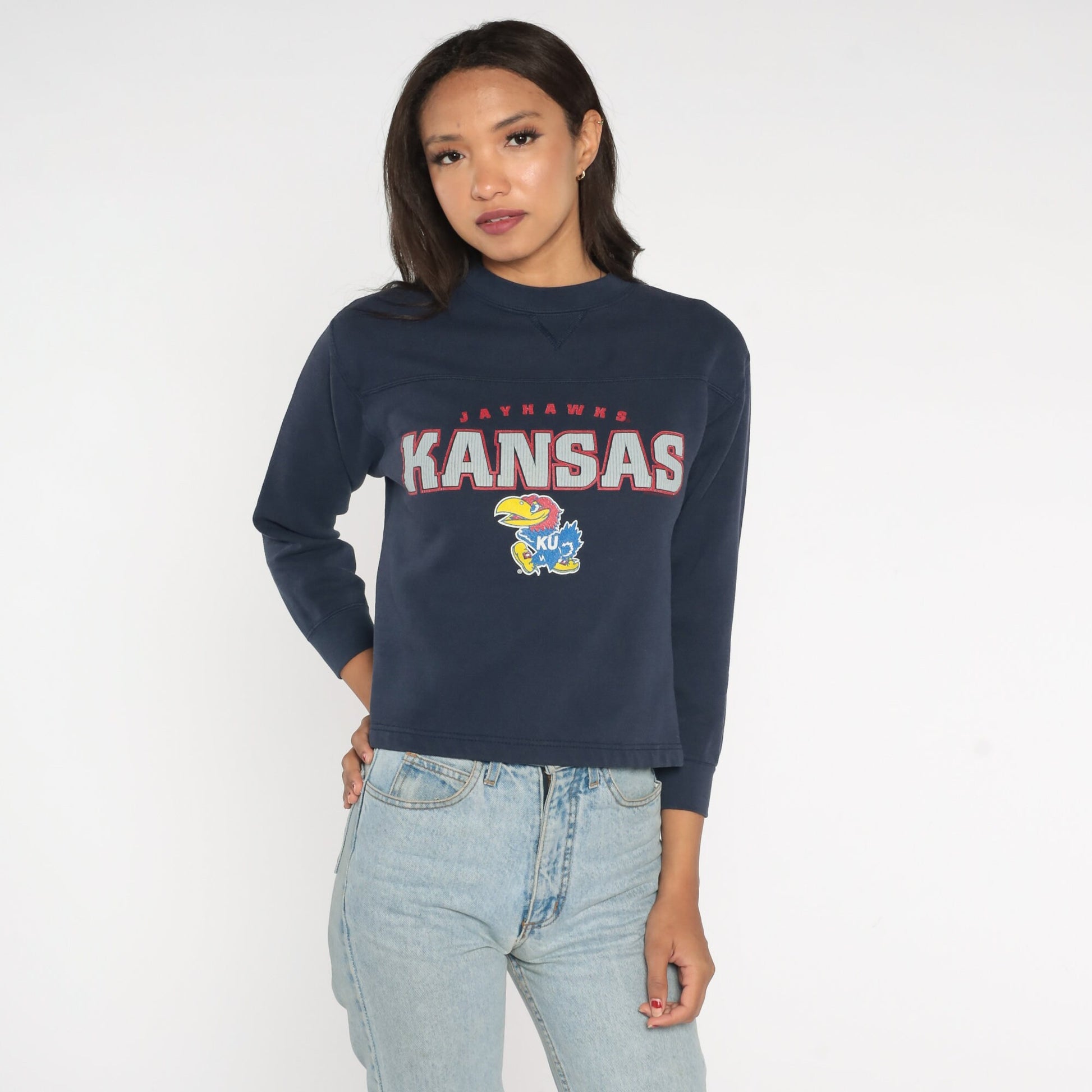 Y2K Kansas Jayhawks NCAA Football Sweatshirt Navy Crewneck Extra Small