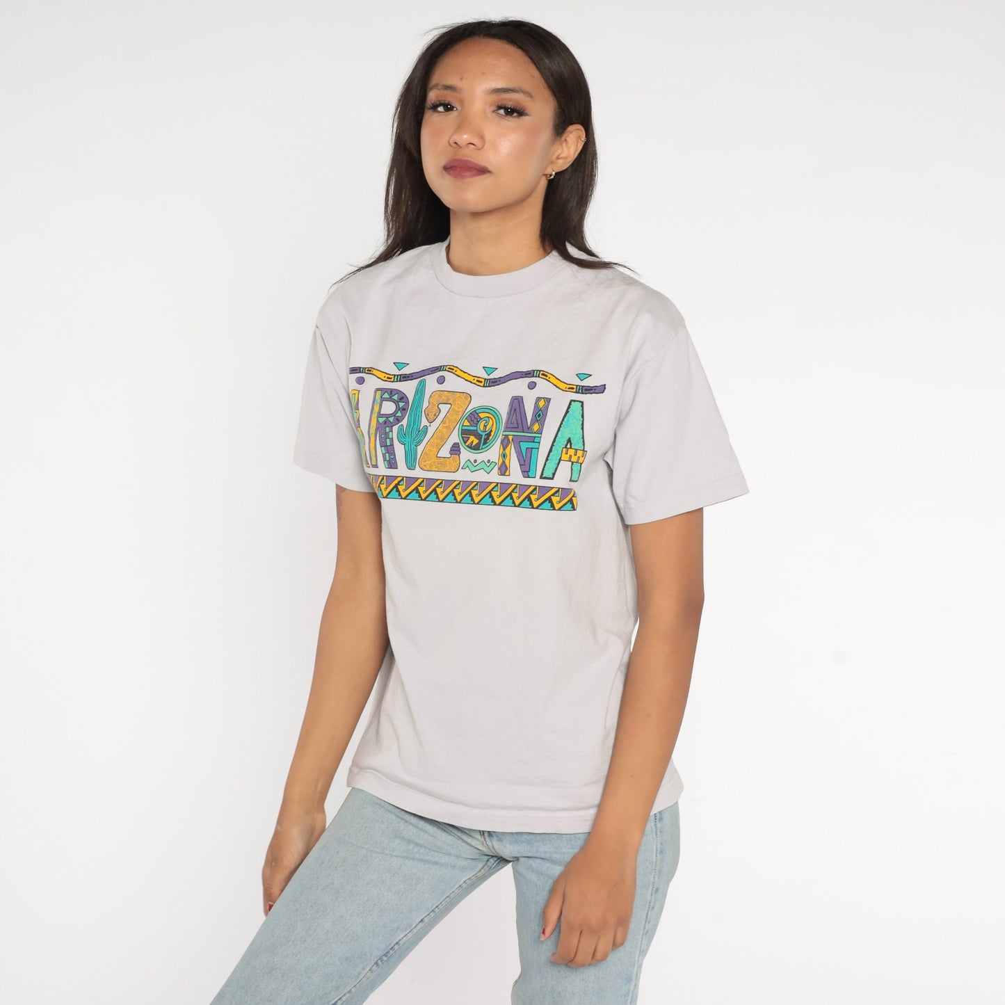 Y2K Arizona Southwestern Cactus Graphic T-Shirt Grey Cotton Medium