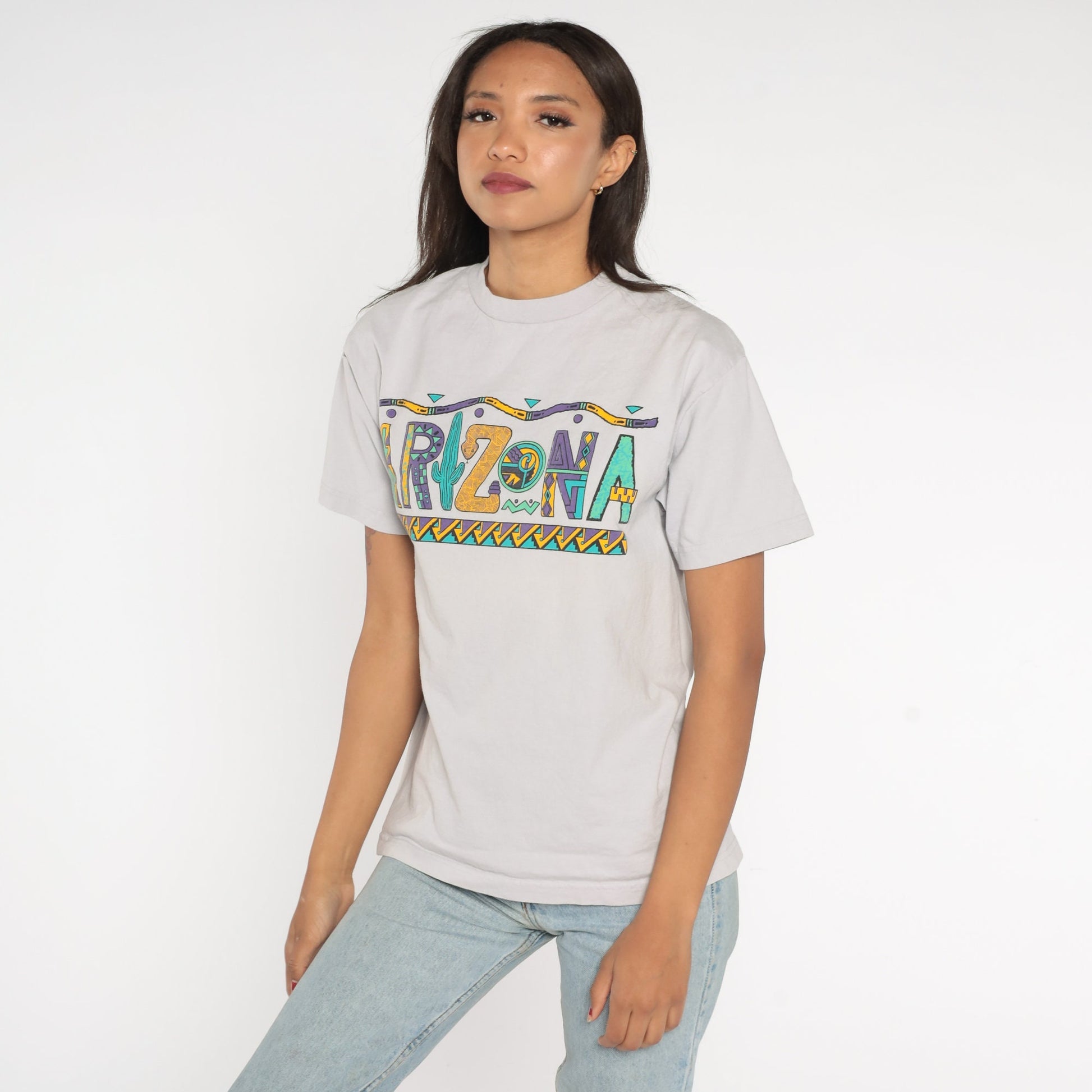 Y2K Arizona Southwestern Cactus Graphic T-Shirt Grey Cotton Medium