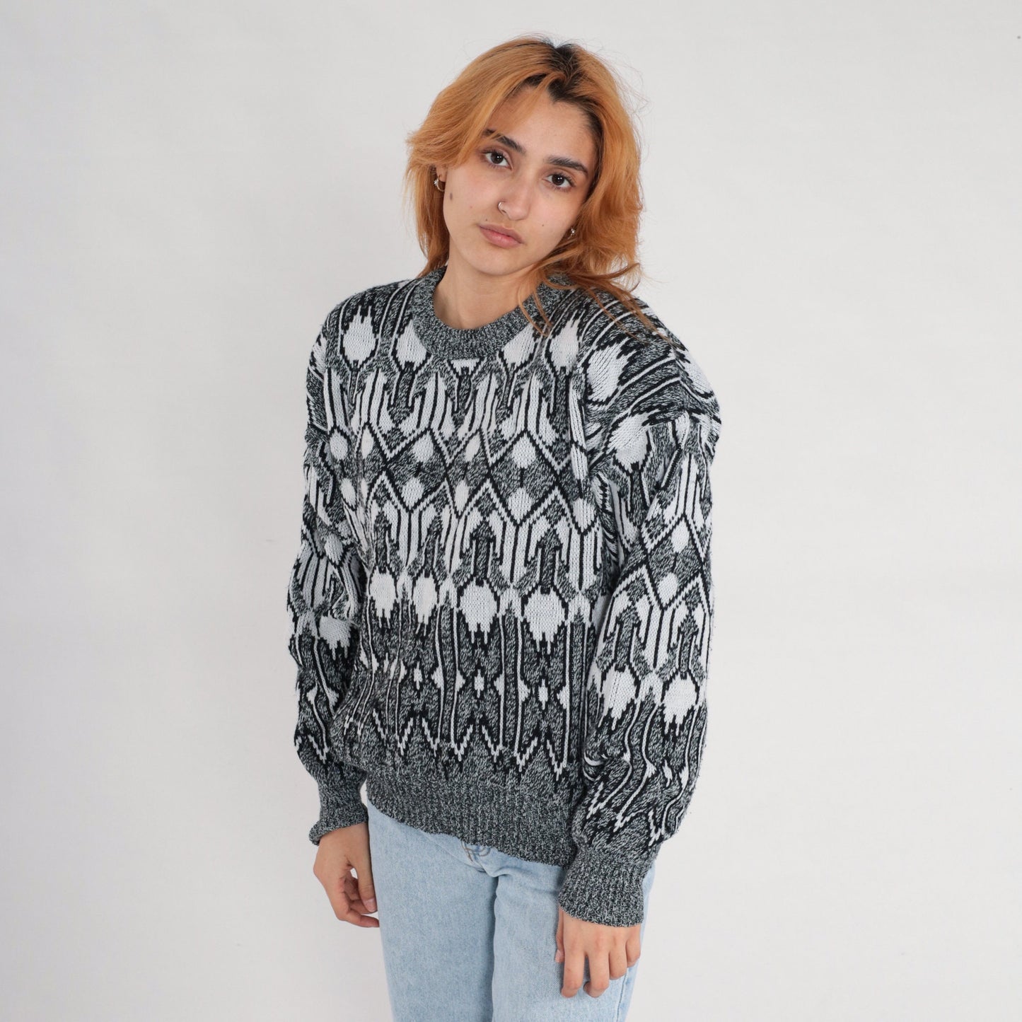 90s Geometric Knit Sweater Grey Black White Crewneck Pullover Large
