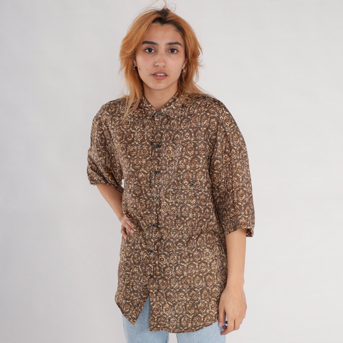 Y2K Brown Geometric Floral Silk Button-Up Shirt Short Sleeve Small S