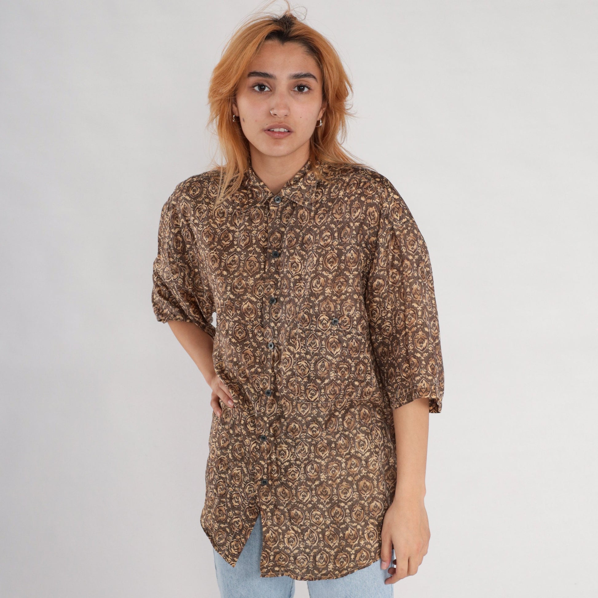 Y2K Brown Geometric Floral Silk Button-Up Shirt Short Sleeve Small S