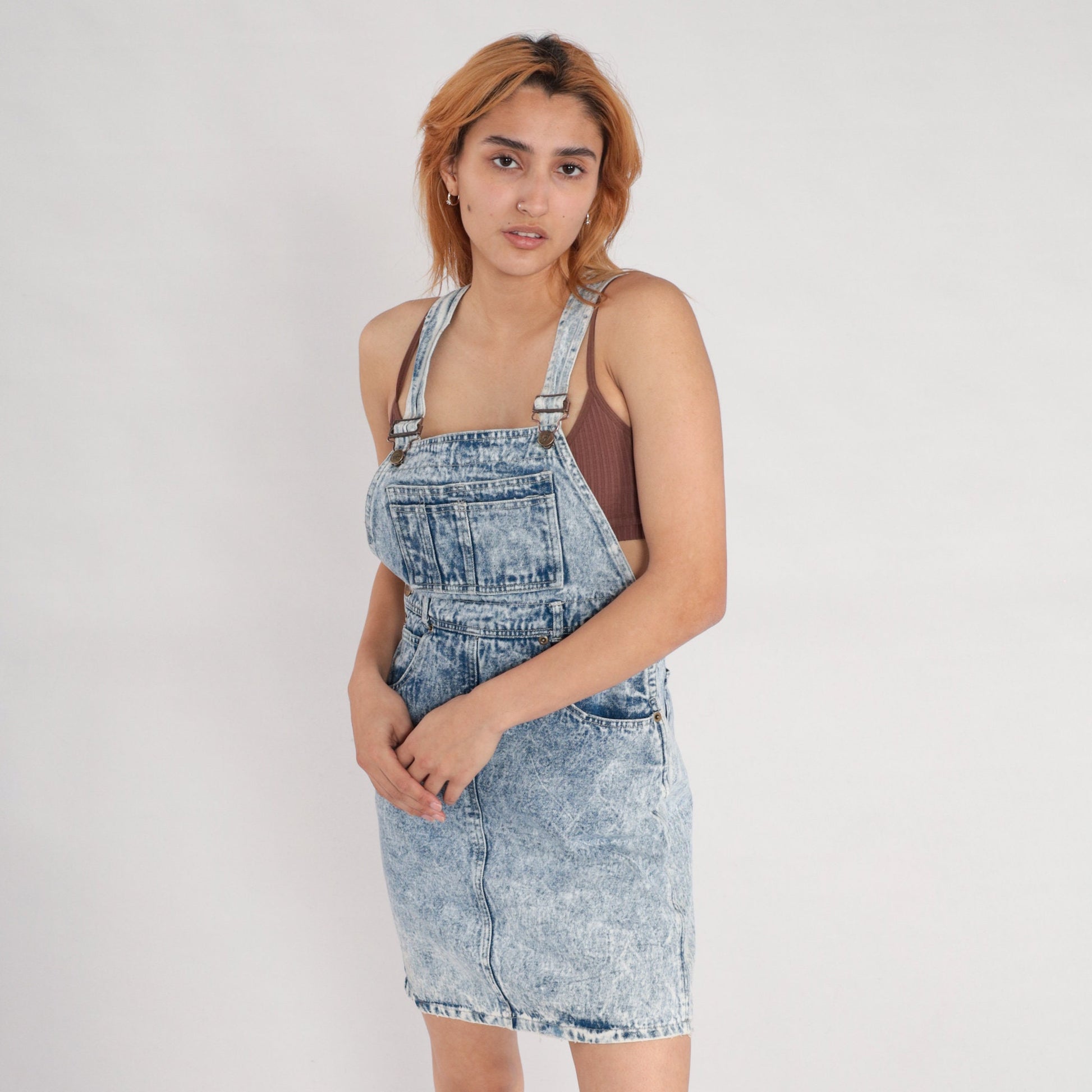80s Acid Wash Denim Overall Dress Mini Sleeveless Bib Jumper Small