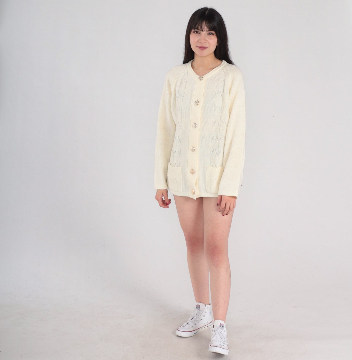 80s Off-White Pointelle Cardigan Silver Button Knit Sweater Medium Large