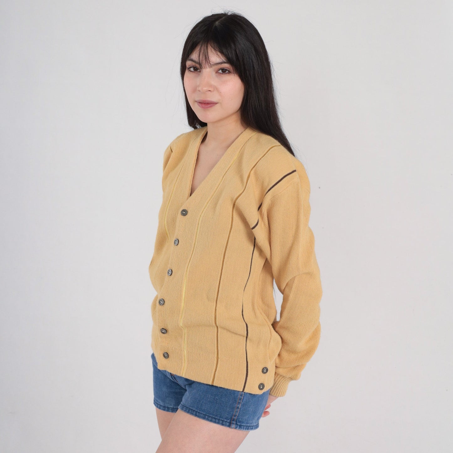 80s Striped Tan Cardigan Button-Up Knit Sweater Medium