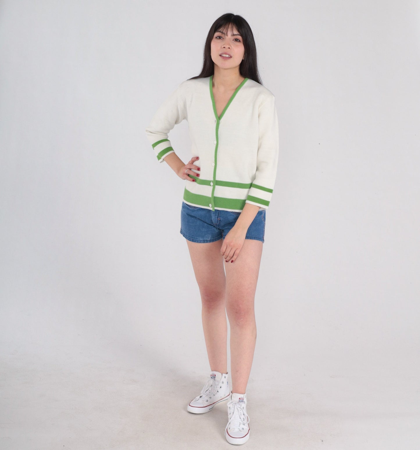 70s Wool Cardigan White Green Striped V-Neck Button-Up Knit Small S