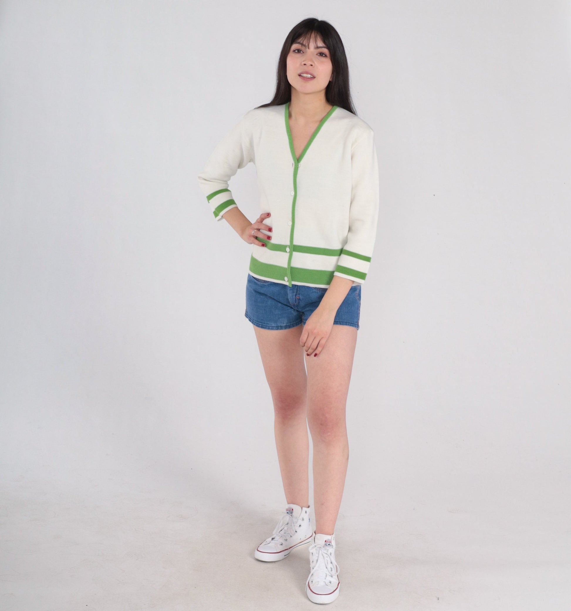 70s Wool Cardigan White Green Striped V-Neck Button-Up Knit Small S
