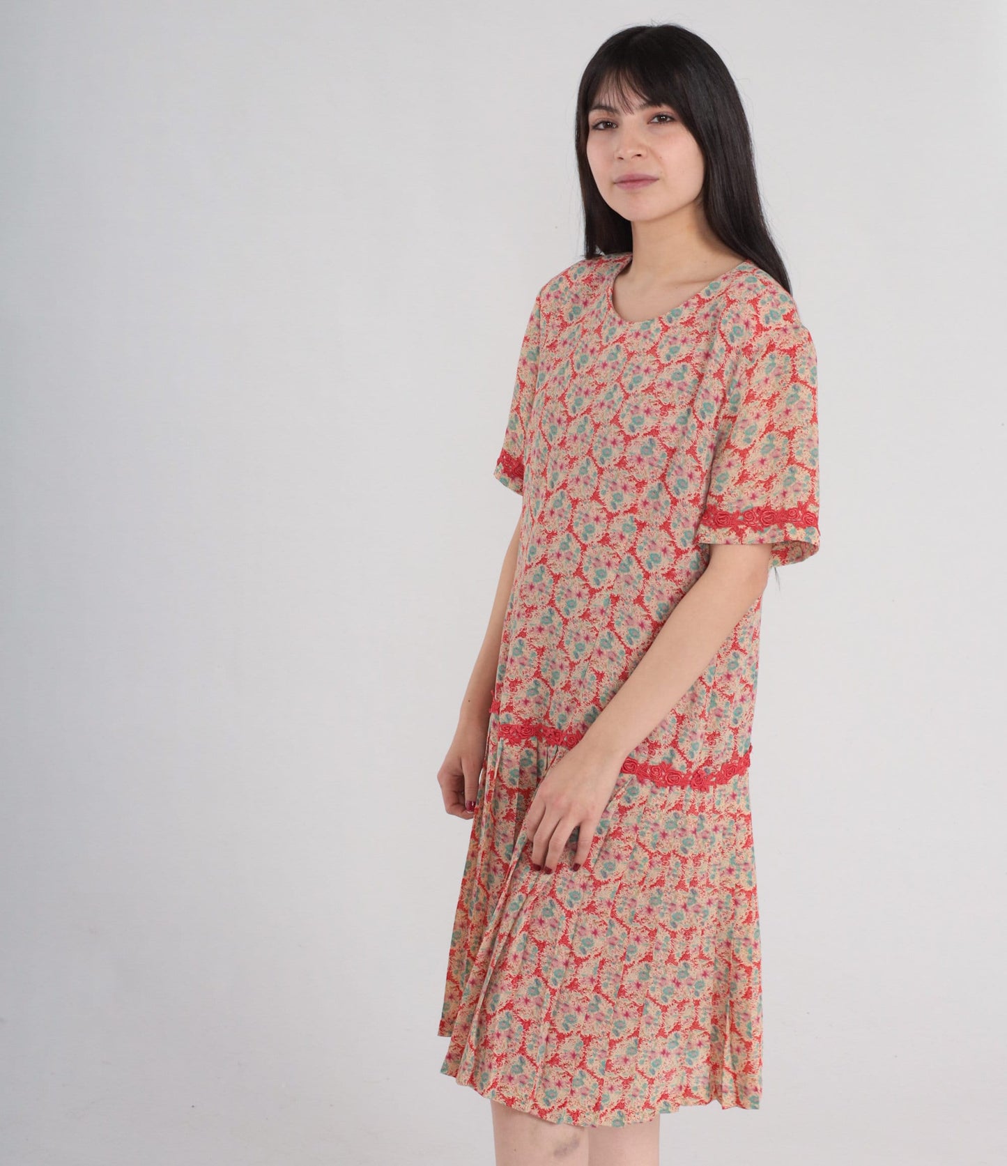 00s Red Floral Mini Dress Drop Waist Pleated Short Sleeve Lace Trim Large