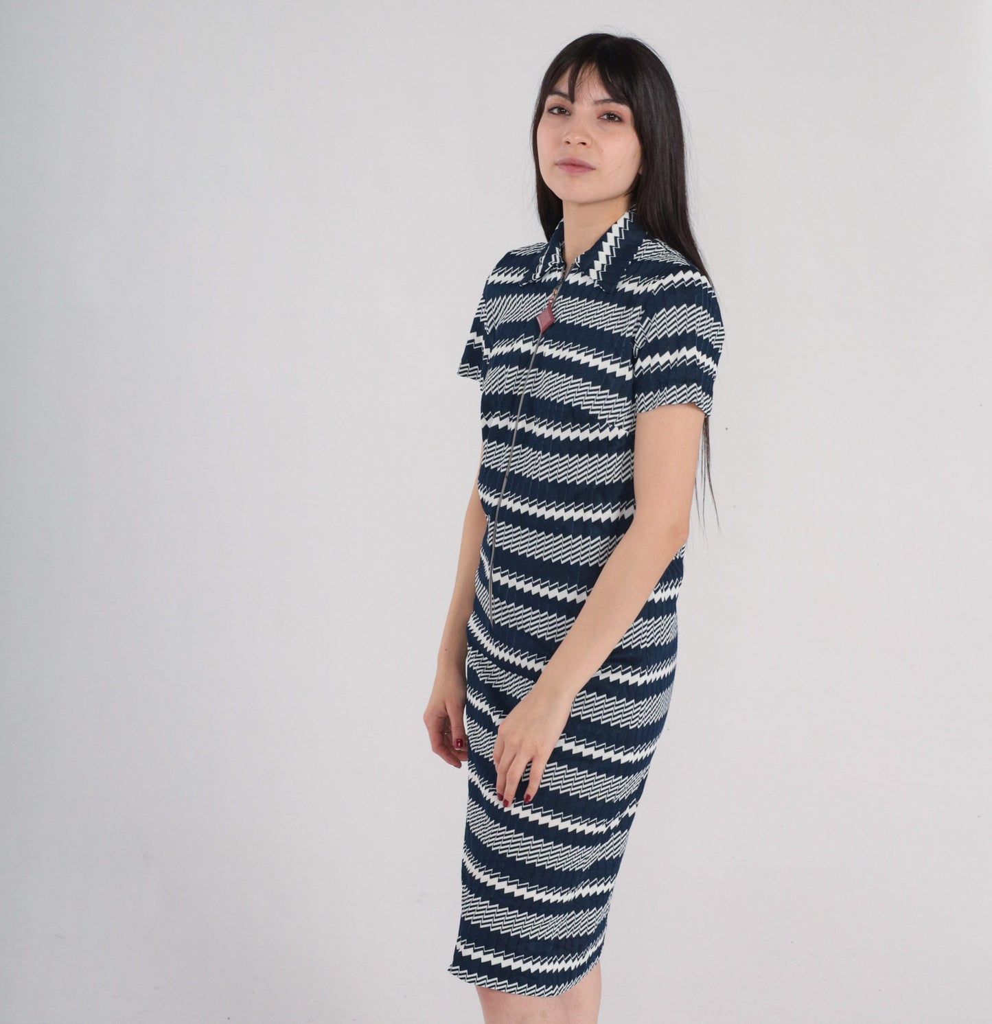 1960s Mod Dress Navy Blue White Geometric Striped Zip Front Knee Length Small