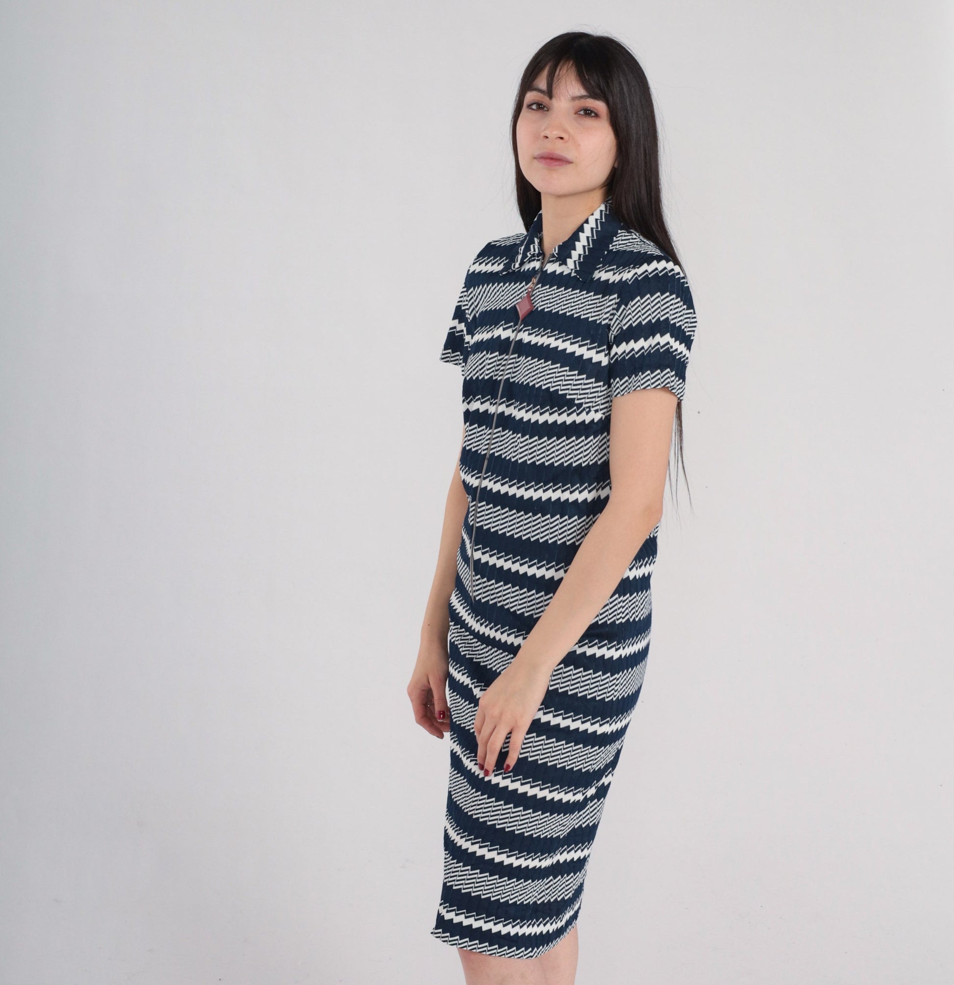 1960s Mod Dress Navy Blue White Geometric Striped Zip Front Knee Length Small