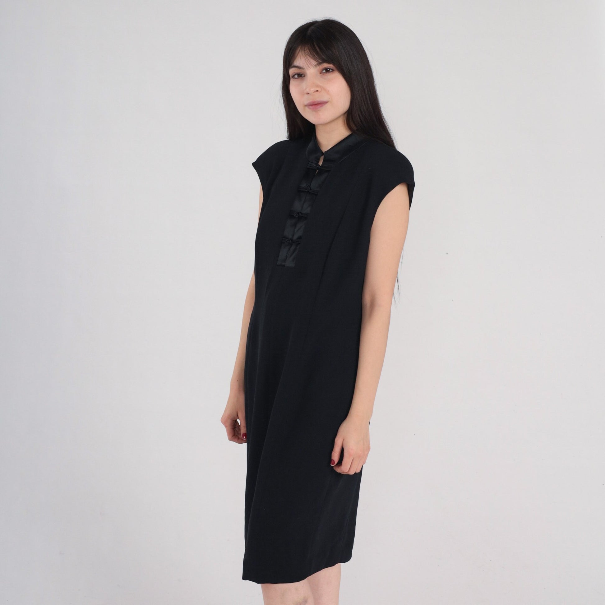 Y2K Jones New York Black Mandarin Collar Mini Dress Cap Sleeve Large 12