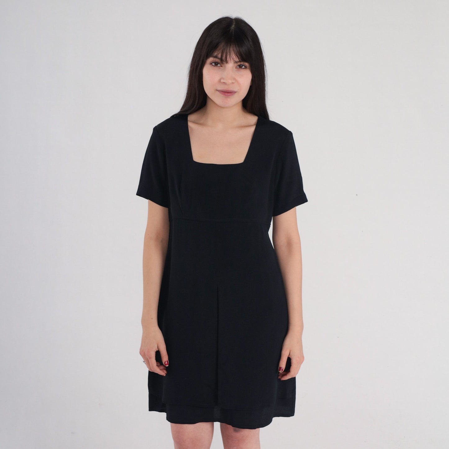 90s Black Mini Shift Dress Empire Waist Square Neckline Small 6