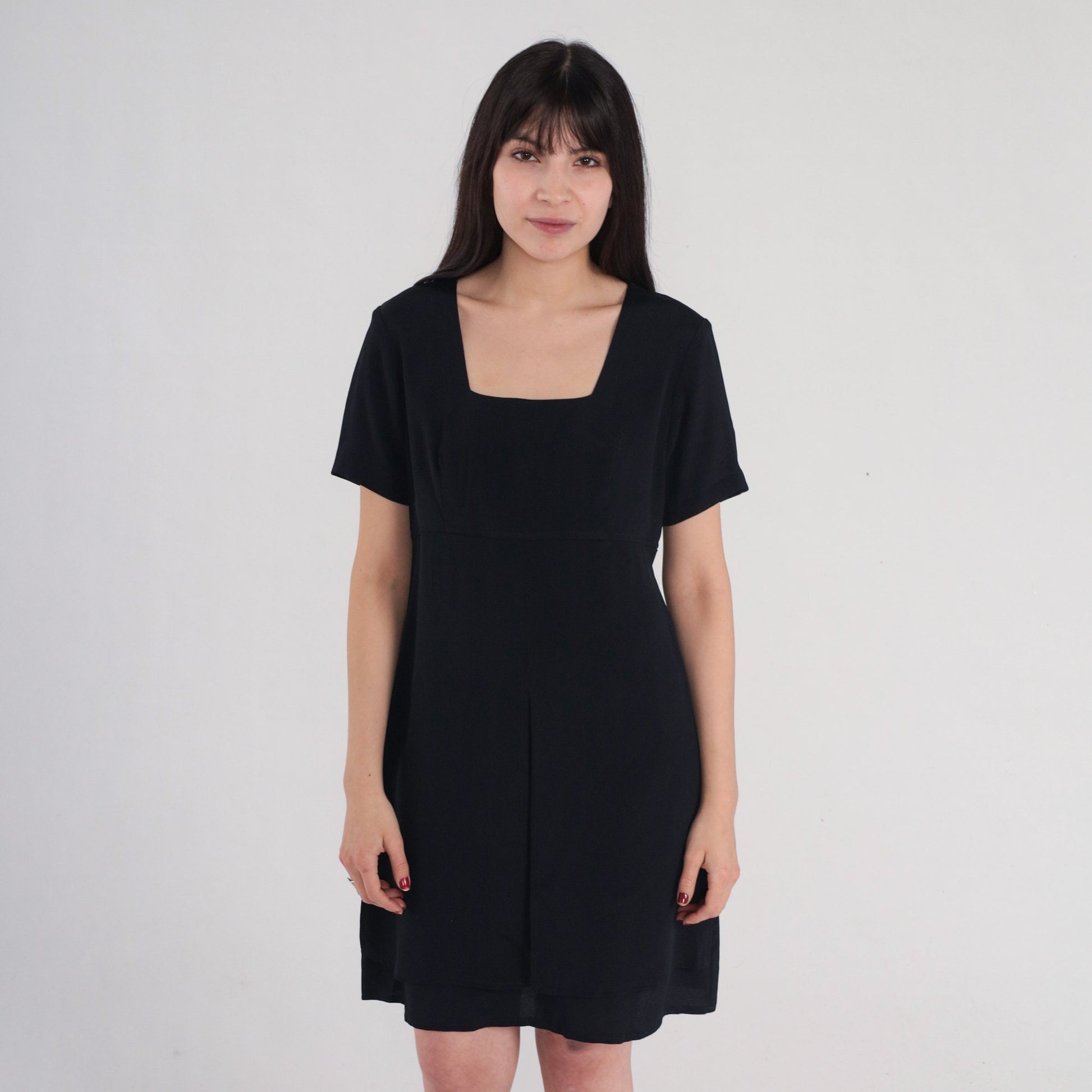 90s Black Mini Shift Dress Empire Waist Square Neckline Small 6