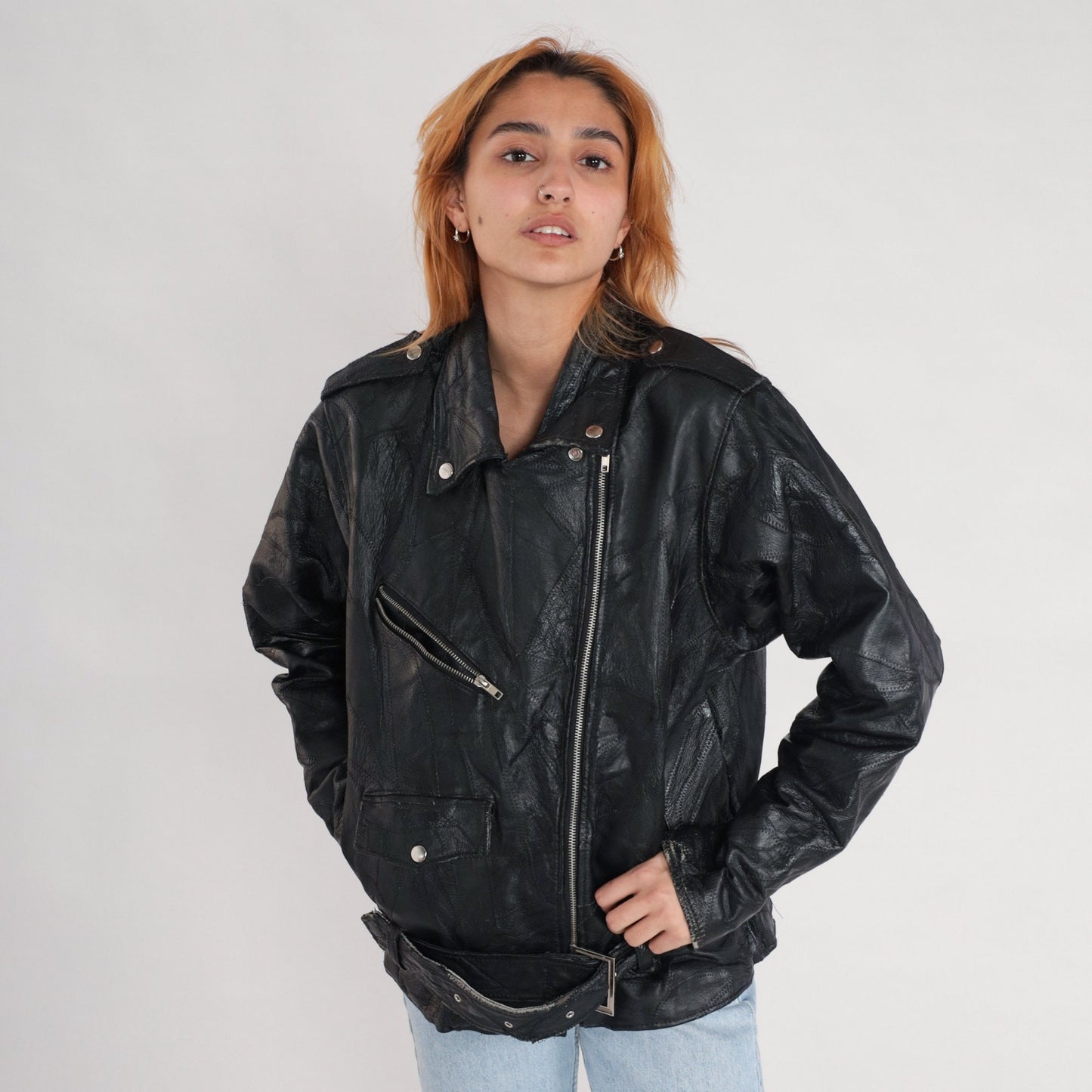 80s Black Leather Motorcycle Jacket Eagle Patch Men's Small