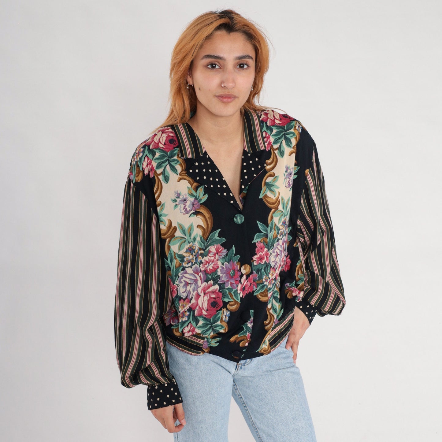90s Carole Little Floral Button-Up Blouse Rayon Striped Balloon Sleeve Large