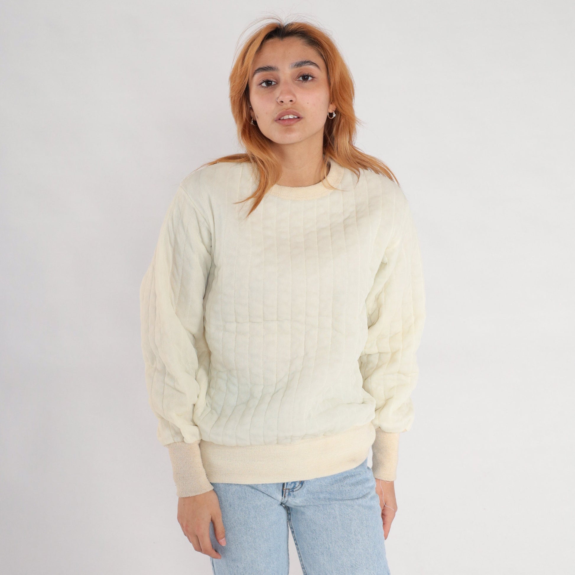 80s Quilted Jacket Liner Cream Nylon Pullover Sweatshirt Medium