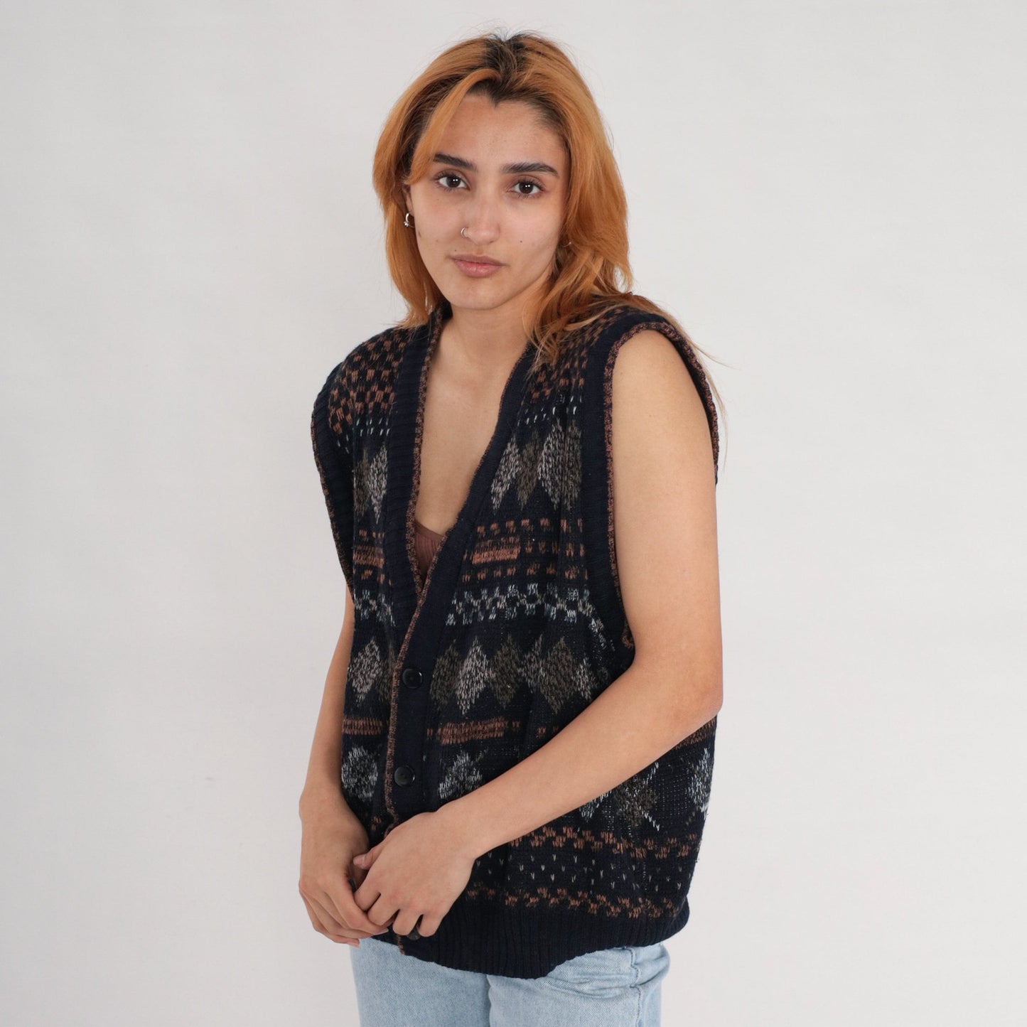 90s Expressions Black Argyle Sweater Vest Button-Up Knit Large L