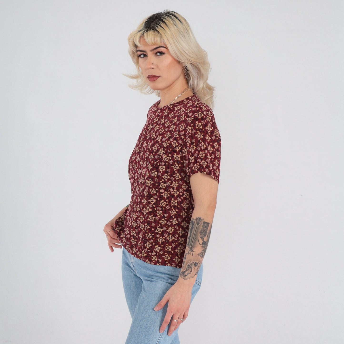 90s Silk Blouse Dark Red Tile Print Short Sleeve Keyhole Back Small