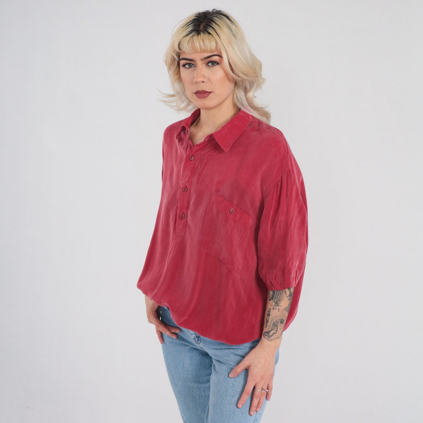 90s Red Polo Shirt Silky Rayon Half Button Collared XL