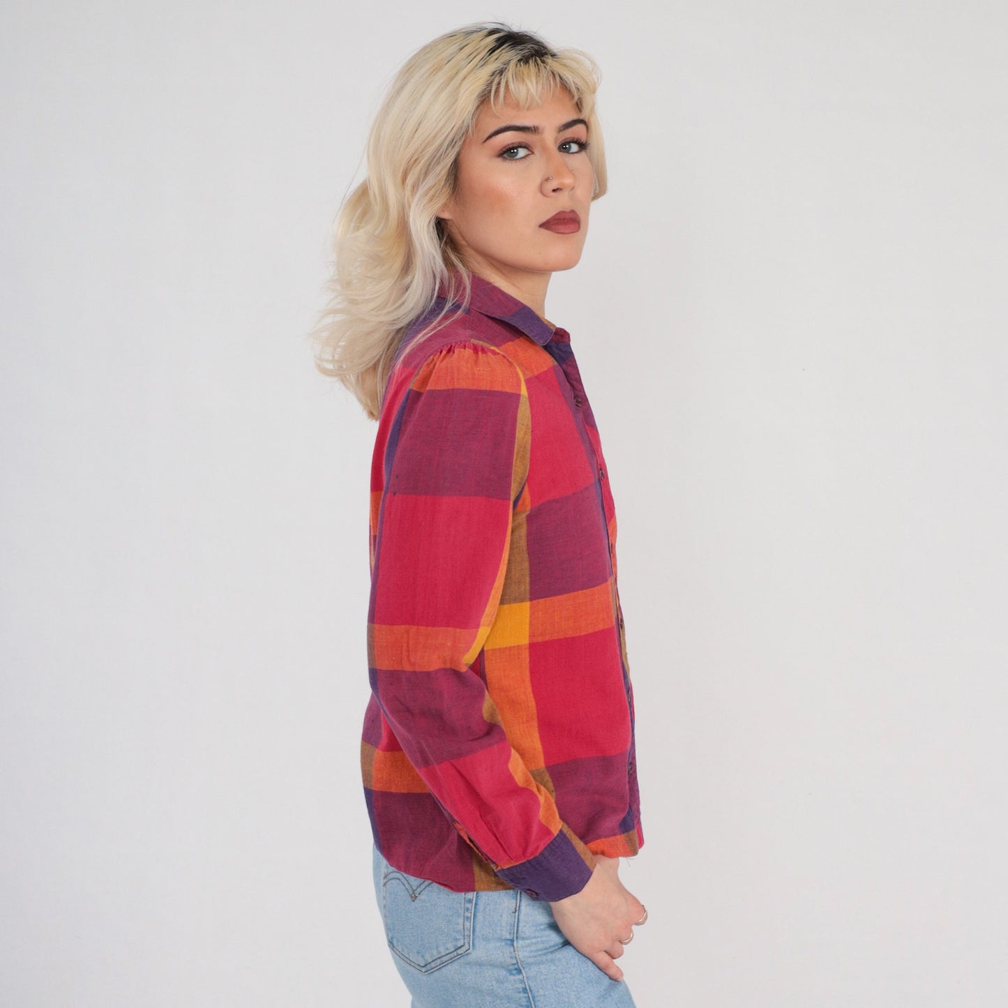 80s Checkered Cotton Puff Sleeve Button-Up Blouse Red Yellow Purple Extra Small