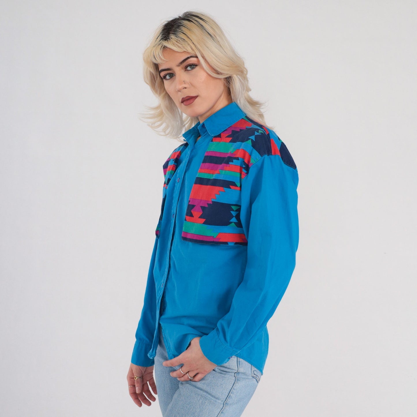00s Wrangler Blue Southwestern Geometric Yoke Button-Up Shirt Medium M