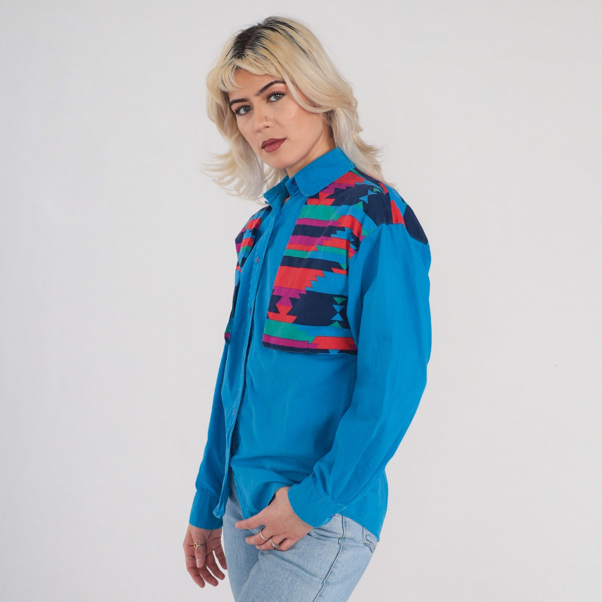 00s Wrangler Blue Southwestern Geometric Yoke Button-Up Shirt Medium M