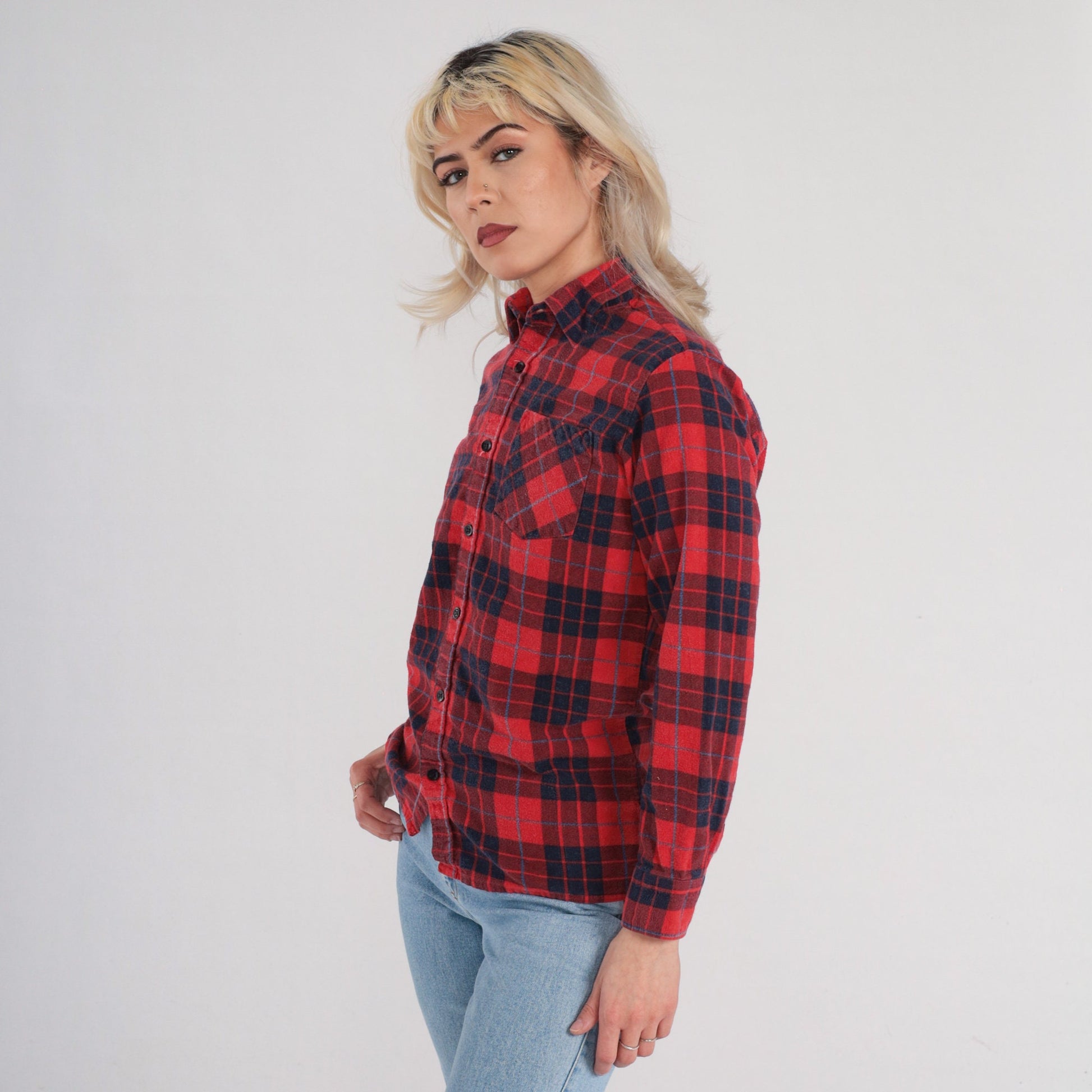 90s Red Plaid Flannel Button-Up Shirt Long Sleeve Small S