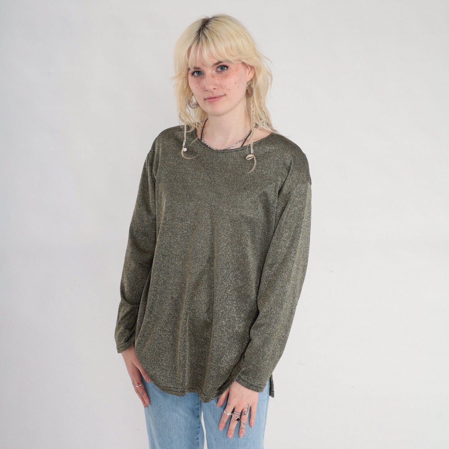 90s Gold Metallic Blouse Long Sleeve Side Slit Party Top Medium