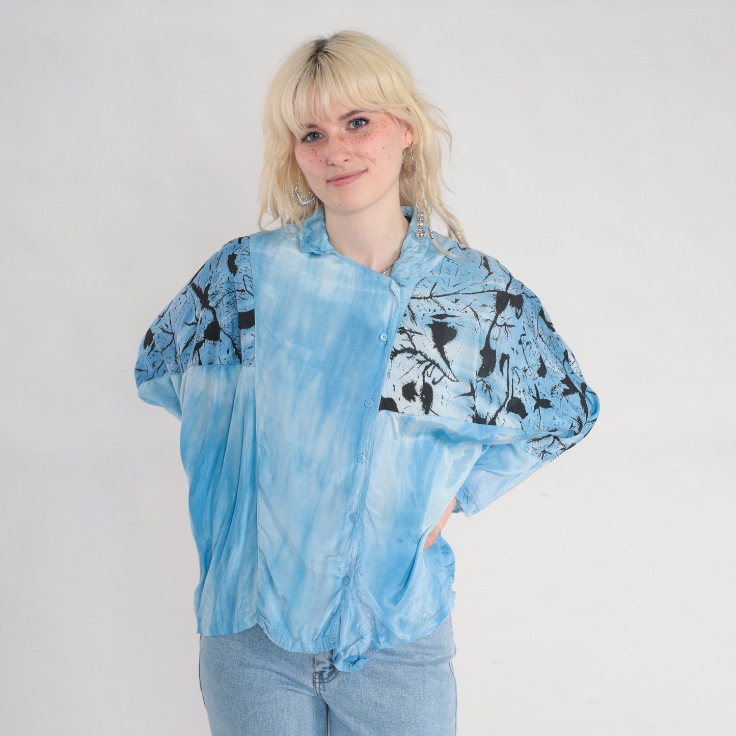 90s Blue Tie Dye Abstract Print Blouse Asymmetrical Dolman Sleeve Large