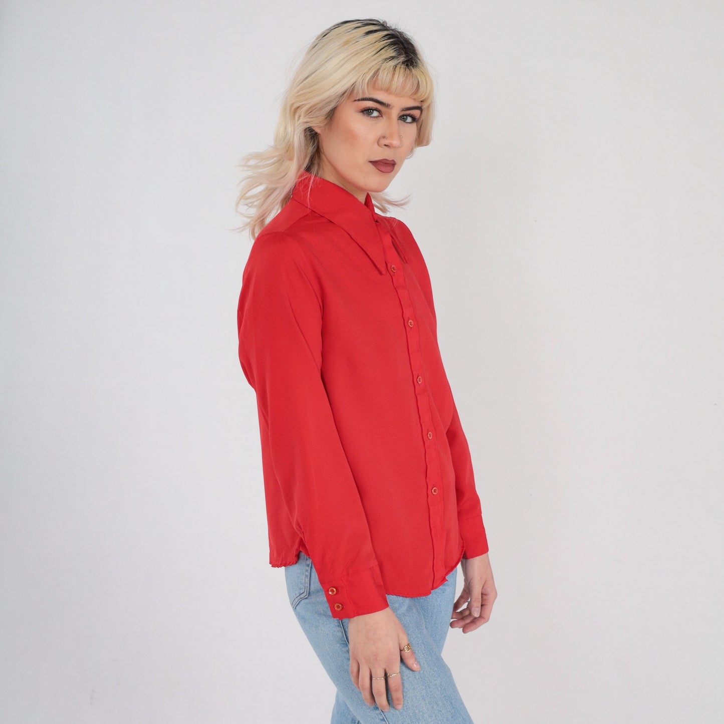 70s Winnie The Pooh Red Button Up Blouse Dagger Collar Embroidered Small S