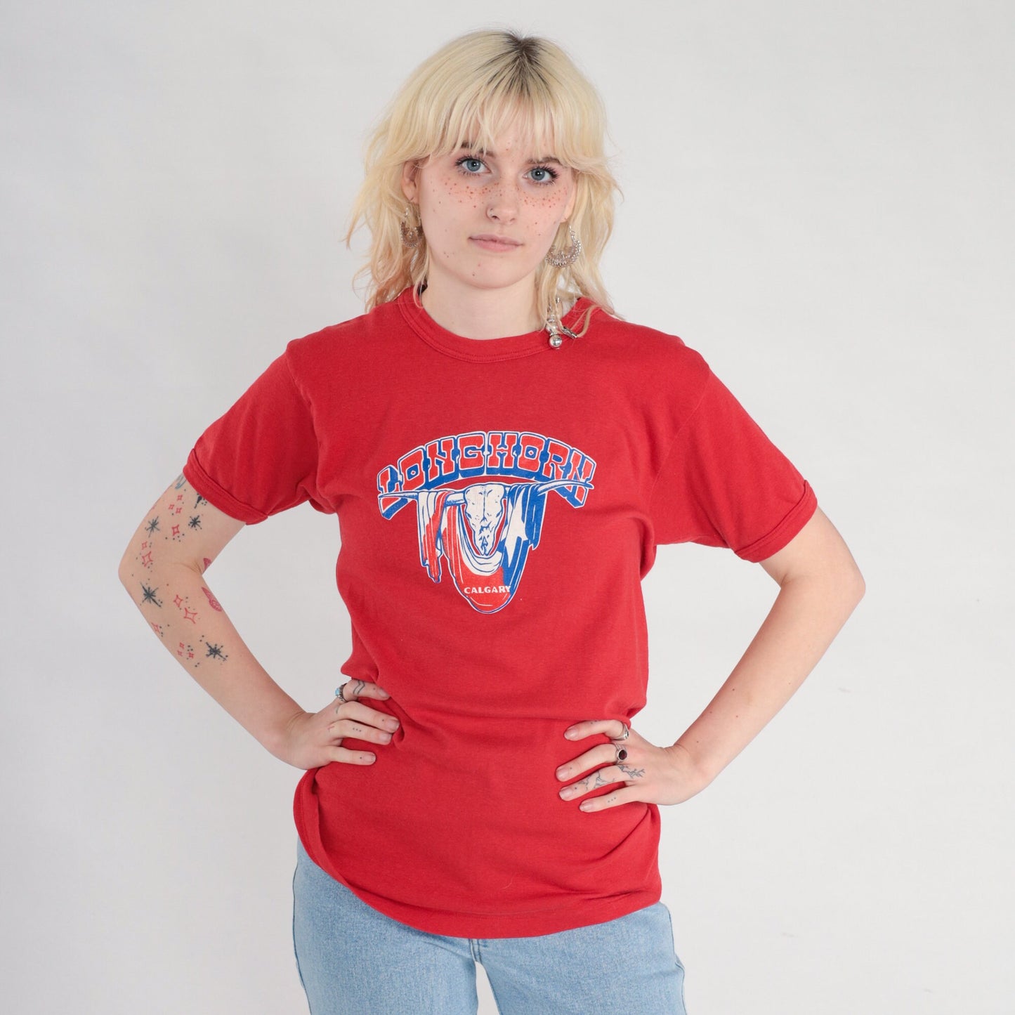 80s Calgary Longhorns Baseball T-Shirt Red Graphic Tee Single Stitch Small